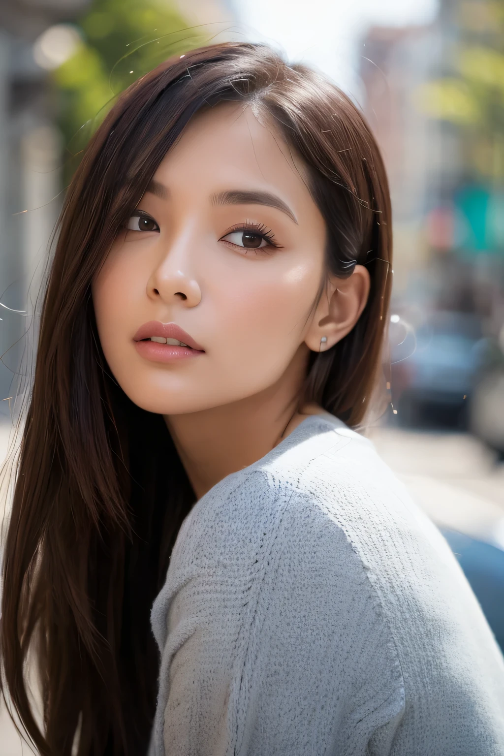 A woman wearing a shocking pink turtleneck sweater