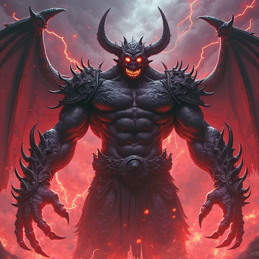 The demon is terrifying, corpses under your feet, battle, paranormal energy, fog, a lot of blood, walls of skulls, bonfires burning behind your back, black tones