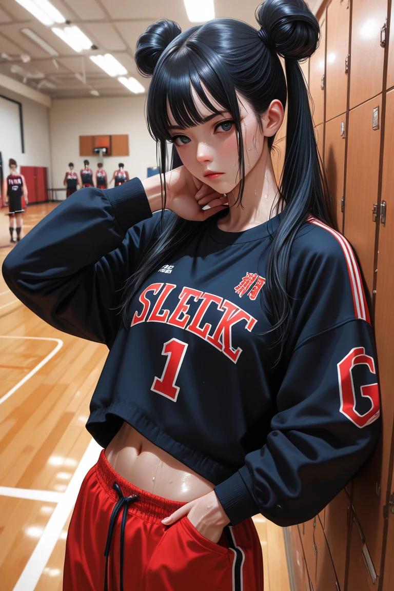girl, dark blue hair tied in one ponytail on the right, tomboyish, wearing a white hoodie and black shorts, relaxing in her room at night, realistic