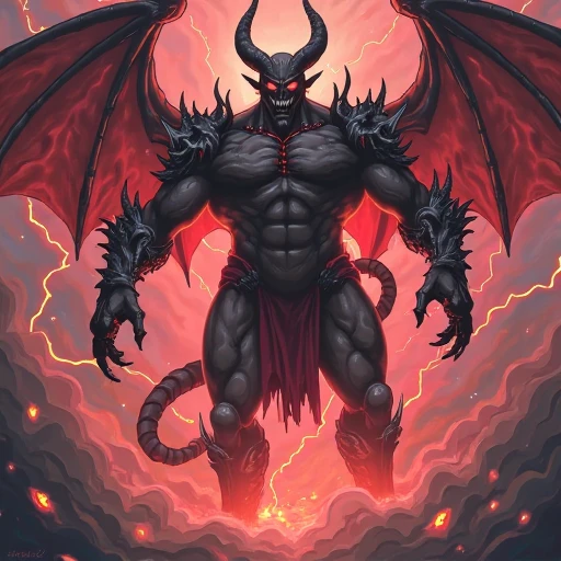 Male character, handsome, dark skin, black wings, wearing a red suit, long white hair, emerald green eyes, his appearance is that of a fire demon, his body is that of a fire demon with giant horns, a bestial body, an intimidating appearance, its appearance is identical to that of the fire demon Ifrit