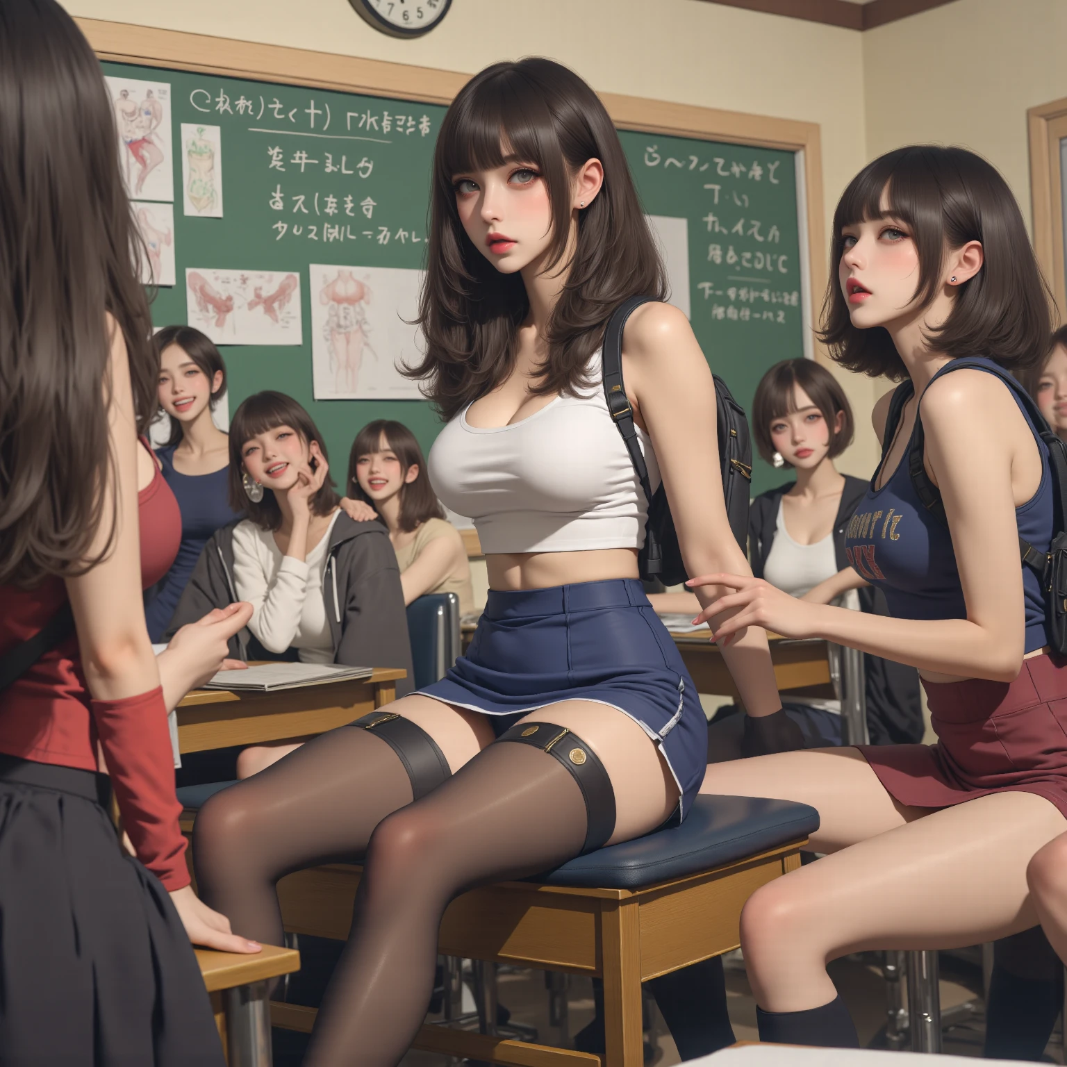 five 18 year old girls, massive breasts, massive hips, massive thighs, massive calves, slender waist, white shirt, wet shirt, empty classroom, playful, hourglass figure, shiny black pantyhose, exposed breasts, exposed ass, high heels with ankle strap, detailed eyes, leggings, kissing each other, 4K high resolution