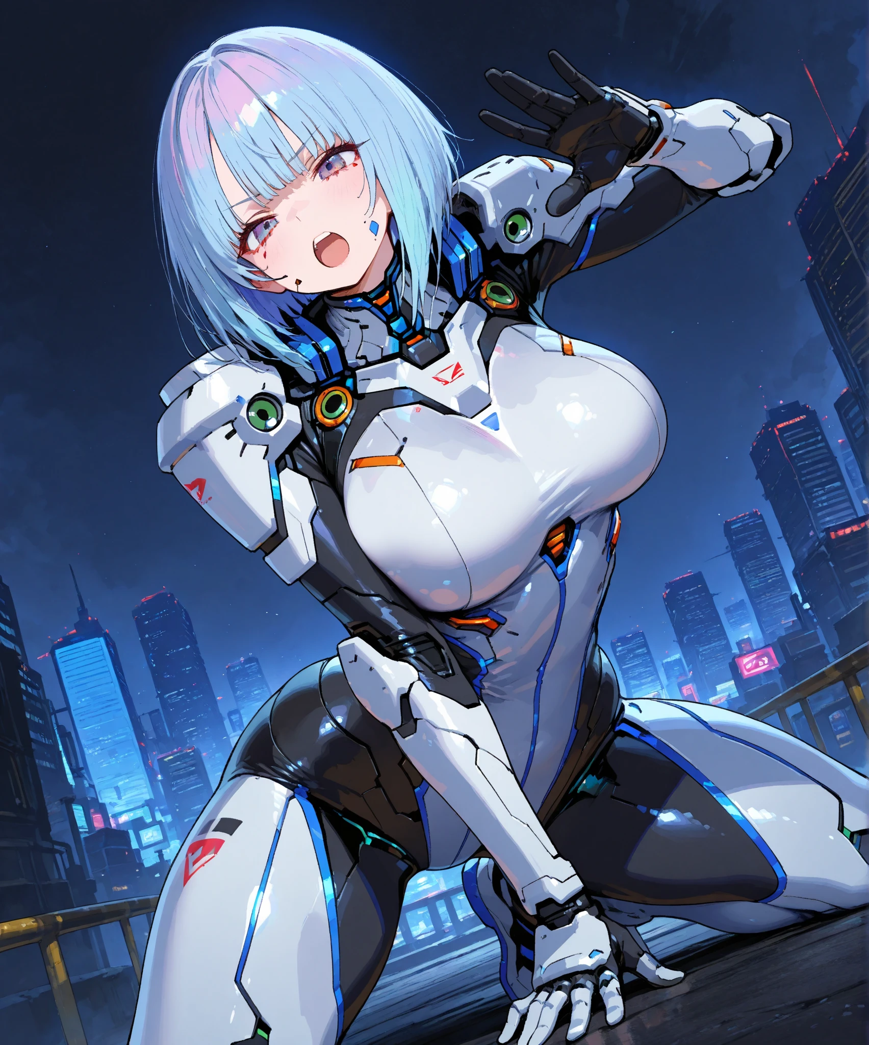 realisitic、tits out、Cyberpunk、cleavage of the breast、Beautifully shaped breasts、Raw feet、Cyber City、natta、nightcity、((top-quality)), ((masterpiece)), (high-detail:1.3), 3D, Beautiful fece、mechanical suit、Near Future Cyber Suit、Black White Cyber Suit、Black and white robot costume、Right arm is mechanical、Right-arm robot、Blue hair、Blue Hair Shortcuts、all-fours、Get on your knees
