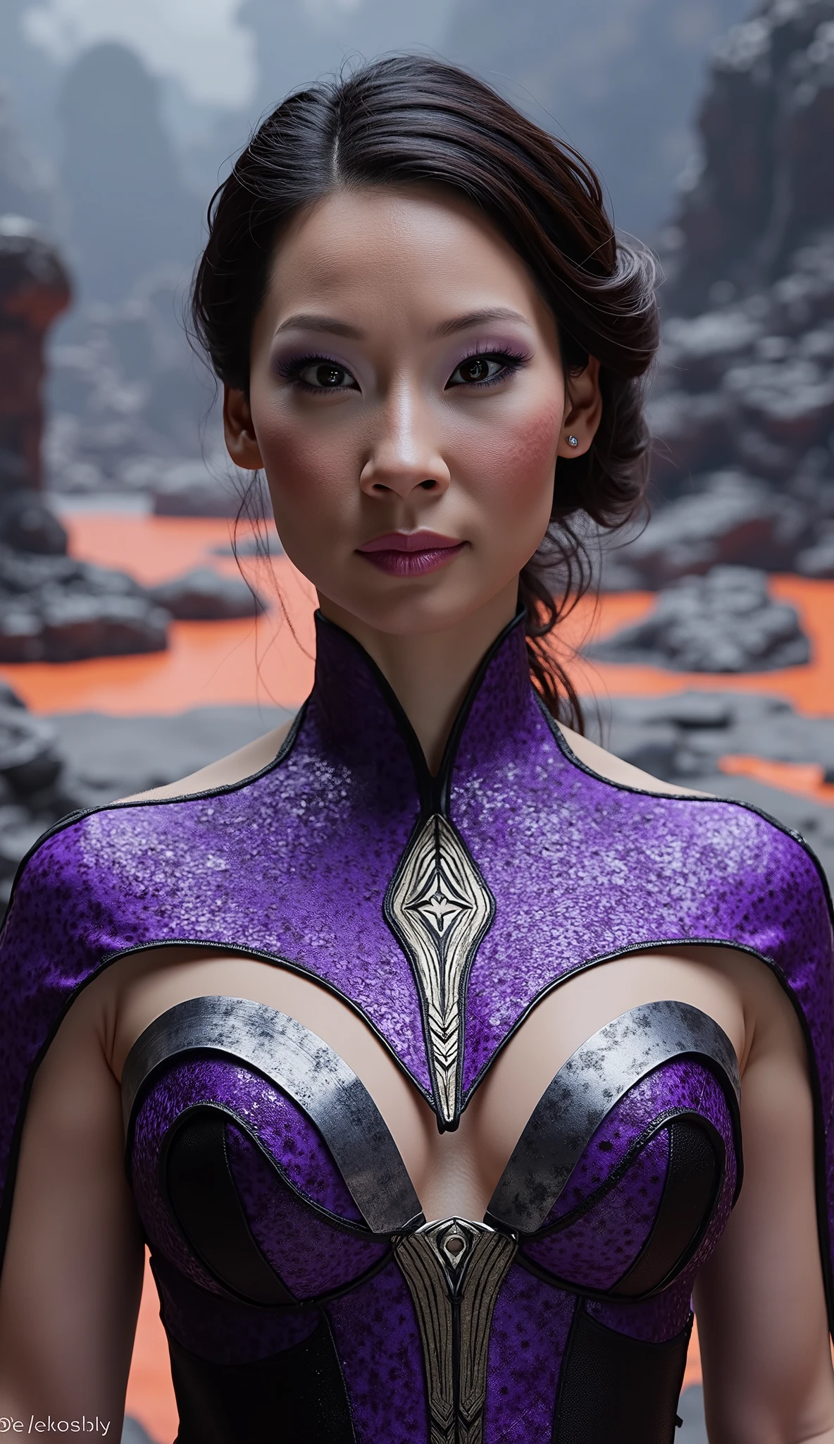 ultra - detailed, A high resolution, Beutiful women,Asia squats on the theatrical stage，Ultra-detailed face, Detailed eyes,Snow-whiteskin，Perfect body，Clothed only in bikini ，Chain heel， Open your legs，legs in M shape,(((huge boob)))，(((gigantic hip)))，(((Large chest and thin waist)))，，(((Purple body painting replaces full-body gold clothing)))