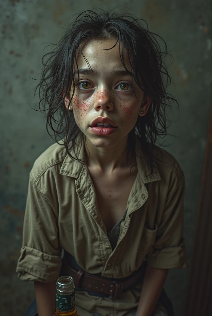 (((best qualityer))), high détail, Depth of field, 10 year old with tired eyes, beautifuleyes, eyes large, tattered and worn clothes, Hair is unkempt and tangled, the skin is marked with dirt, abandonned, gloomy room with a broken window, detailed face and eyes are sad and scared, ((work of art)), (photo realist:1.5), (((high resolution illustration))), (((extremely detaild))), dramatic shadows, cinematic