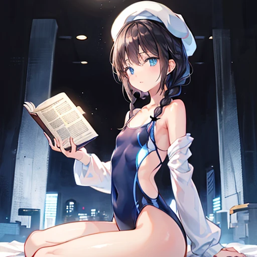 ​masterpiece、top-quality、The ultra -The high-definition、Top resolution、ighly detailed、profetional lighting、pretty skin、illustratio、One Girl And One Octopus、cowboy  shot、Short stature、A slender、a very cute、be frightened、struggle、Dark hair、blue eyess、Lower breast、Schoolgirl in the library、Air bubble、a white bikini、((Tentacles wrapped around the body))、Holding a book in your hand、thin ribbon on the neck,,,,,,,,,pleatedskirt、tentaculata,((White liquid on the chest))、a blond、hand job