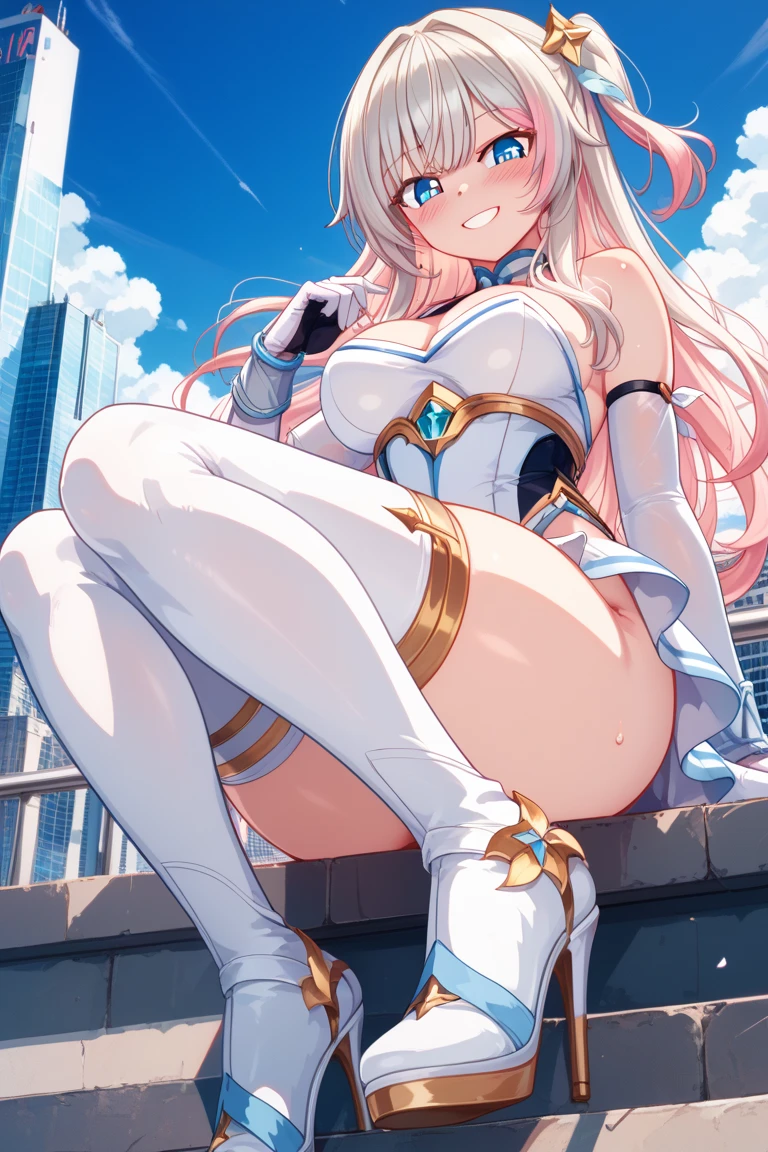 1girl, solo, breasts, looking at viewer, blush, smile, long hair, bangs, large breasts, pink long hair, long sleeves, blue eyes, headphone,beret,:d, bodysuit, bspace, pink bodysuit with blue accents, blue sky,outdoors,office building backdrop, leotard, bare legs, thigh-high boots