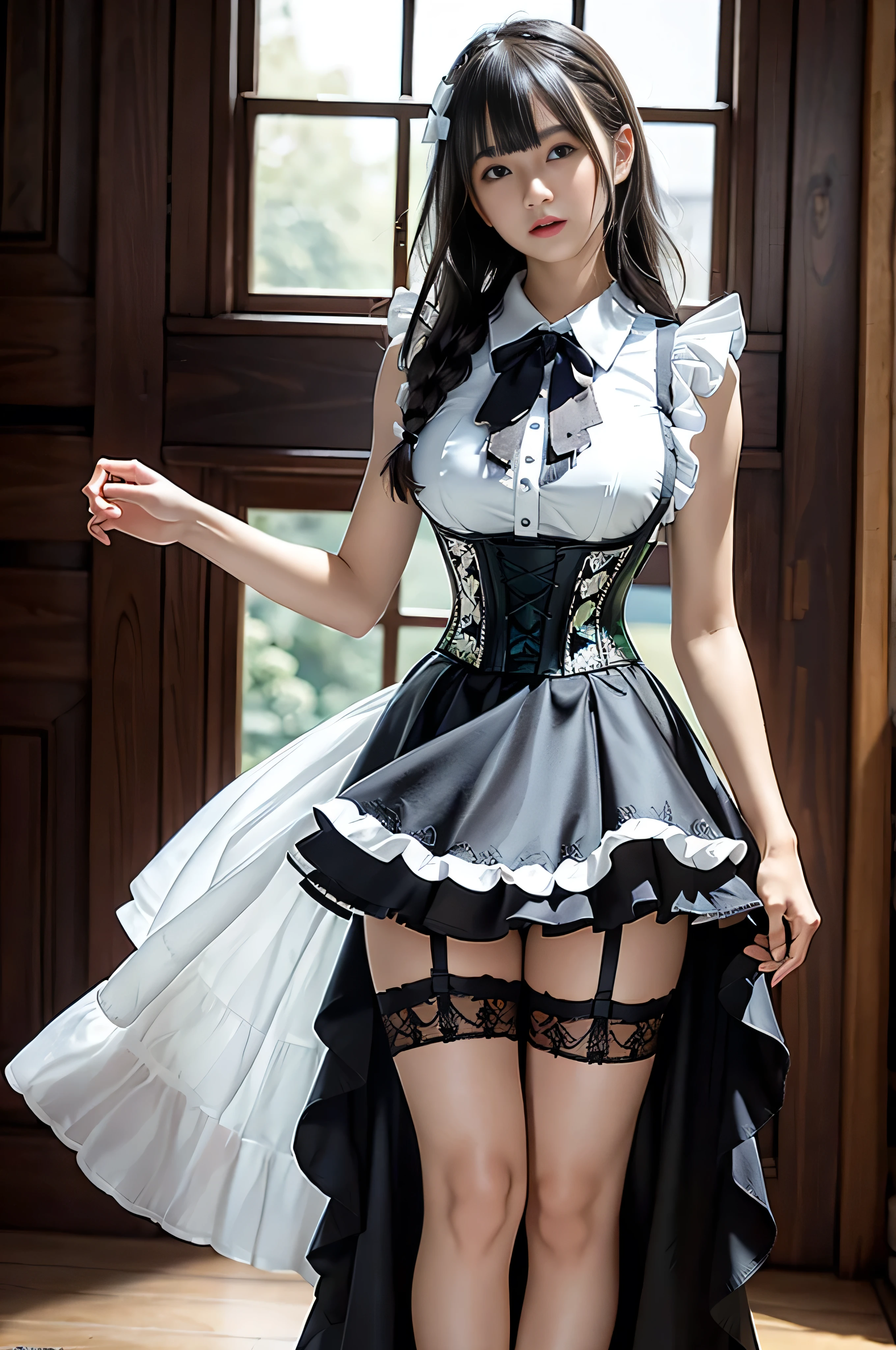 A maid in a black and white maid outfit,standing full-body,Standing posture,black lence stockings,Black maid leather shoes,maidennurse,Bigchest,Sweet pose,simplistic details,Perfect structure,Normal structure