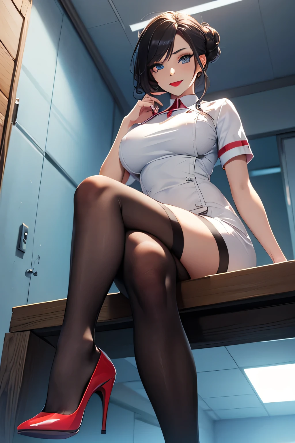 top-quality, Full limbs, complete fingers, 1 beautiful woman, beautiful detailed eyes, Gray eyes, super detailed skin, sweat, oil, Slender beauty, straight haired, blown hair, french braid, blunt bangs, head tilt, cleavage, hospitals, Hospital Room, on Patient bed, (light dark skin:1.4), nurse cap, gloves, thighhighs, hat, cleavage, fishnets, fishnet thighhighs, white gloves, garter belt, skirt, underwear,white thighhighs, bra peak, (angel_half_suit)