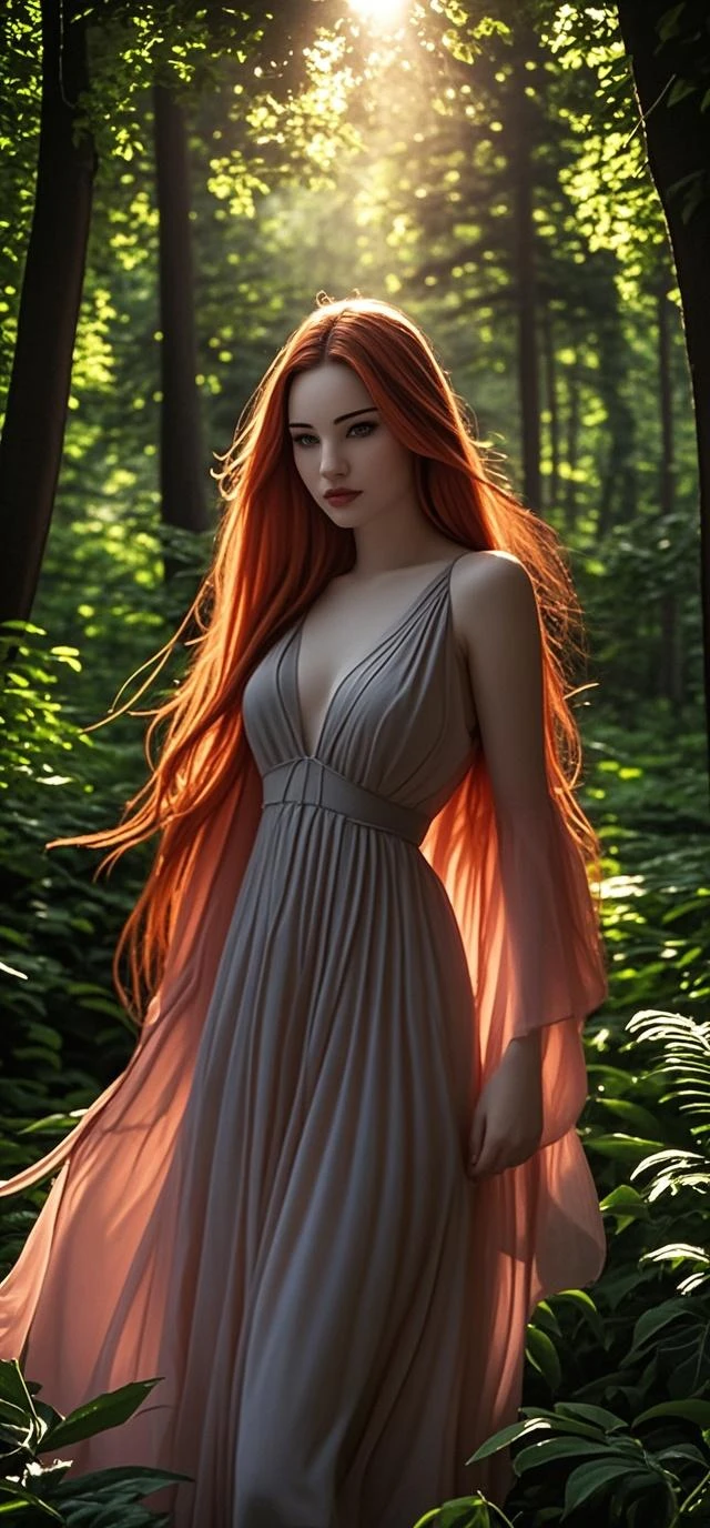 A caucasian Woman, long wavy auburn hair, light freckling, petite, slim build, DD cup breasts, 5'4" in height, 120 lbs in weight, modelling a long flowy dress, photorealistic