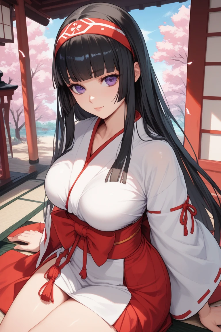 a close up of a naked girl in an oriental style costume with big breasts, 1girl, breasts, nipples, solo, japanese clothes, long hair, looking at viewer, red eyes, ribbon trim, bangs, black hair, white kimono, breasts out, large breasts, hakama, ribbon-trimmed sleeves, collarbone, red hakama, white background, smile, miko, hair ornament, wide sleeves, bare shoulders, simple background, hakama skirt, long sleeves, off shoulder, kimono