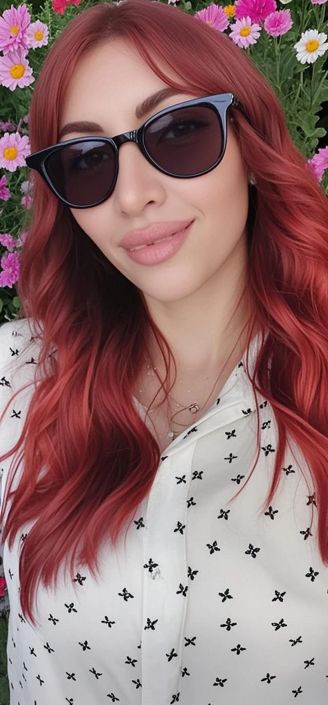 woman with red hair and sunglasses holding a  and smiling, a very macular woman in white, she has a distant expression, maia sandu hyperrealistic, but a stern look about her, not smiling, carola rubio, proud serious expression, looking serious, laura sava, serious face, concerned expression, serious expression, sanja stikovic, intense expression
