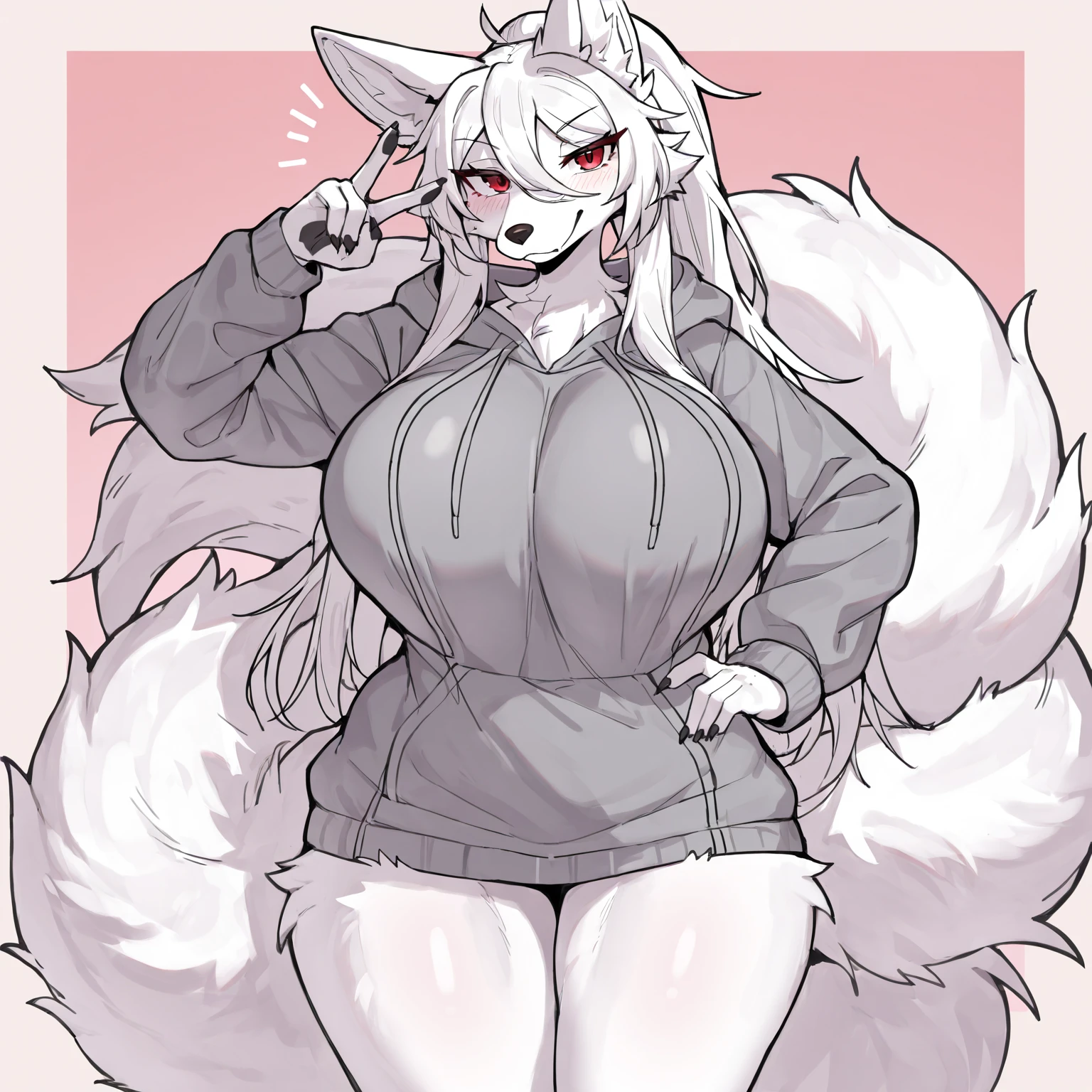 Single girl, Anime Short, Long white hair, wolf ears, wolf tail, blue eyes, wearing cute pink thong, thigh high socks, black combat boots, huge chest, super flat chest, solo only one ((huge CHEST)), wide hips, thicc thighs, happy, crotch bulge (CROTCH BULGE), yoga leggings, wearing cropped black hoodie, solo, alone good hands 1k