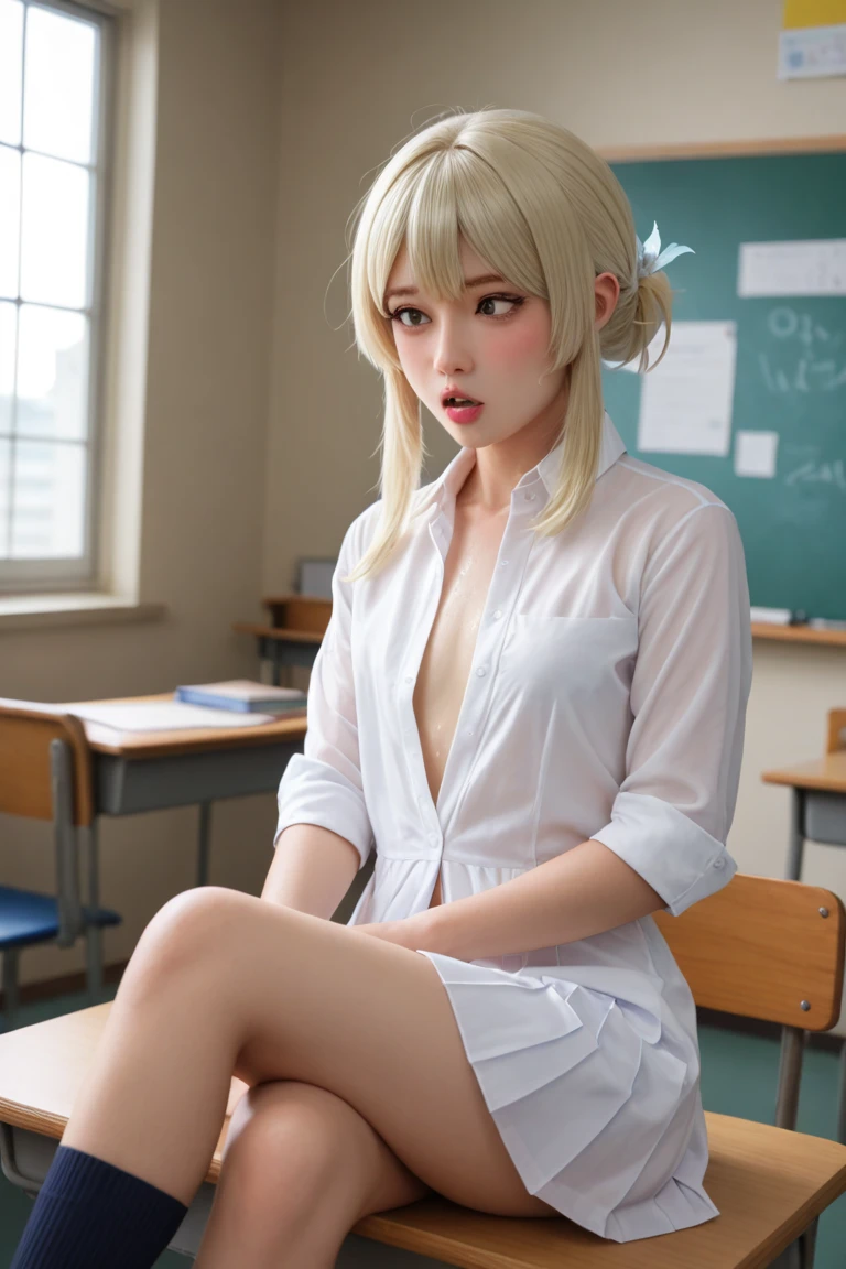 arafed european woman with small chest sitting at a table, hyper-realistic student, hyper-realistic student, young realistic engraving idol, realistic student, seductive anime girl, hyper realistic anime, photorealistic anime, realistic sensual engraving idol, ultra realistic image, realistic 3d anime style, soft anime cg art, short blonde hair, green eyes, unreal engine, cinematic quality --auto