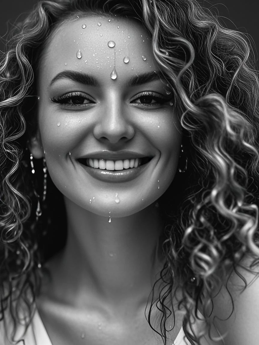 An exquisite portrait of a pretty black woman with a realistic long hair bathing in the pouring rain in a city, the image is captured in stunning 4K, enhancing every single detail. Her beauty is astounding. Her eyes tell her whole story. Smiling.  She enjoys the rain like a model in a photoshoot. full body. This photograph is taken with a 85mm lens that best captures her features creating one of the best visuals ever seen on film.
