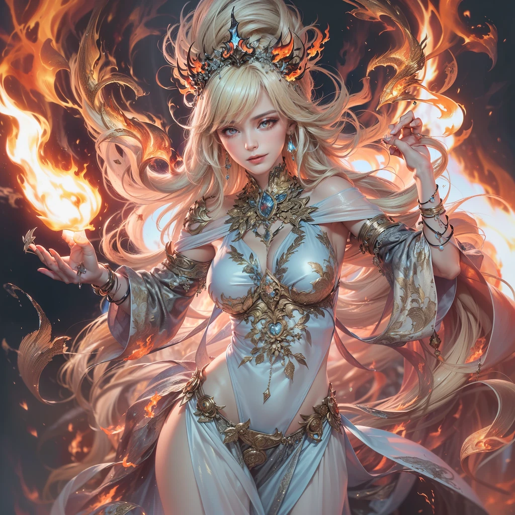 The goddess faces forward and holds out her hands、A red light on the right、　With a blue light in his left hand、Asking which one to choose。　Anime Images