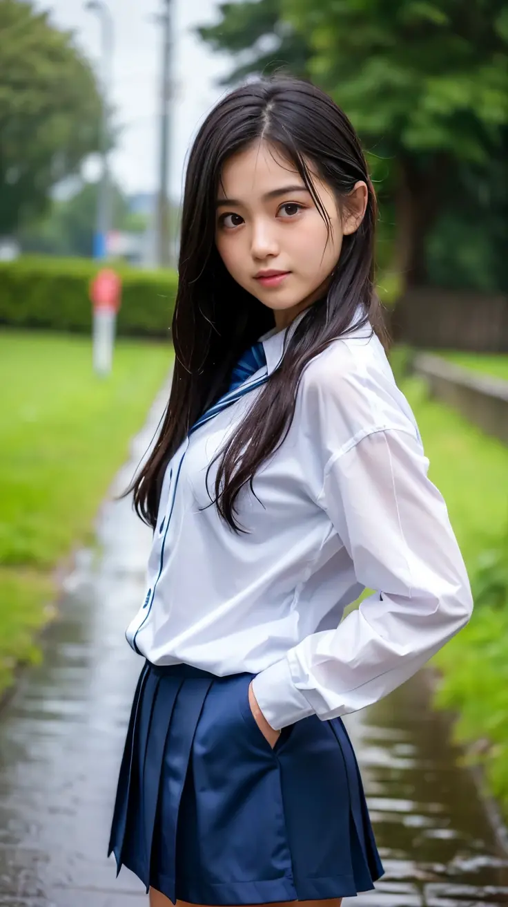 (Best-quality, Masterpiece, Ultra-High-Resolution, (Photorealistic:1.4), Raw Photo, depth of field, professional lighting, perfect anatomy, extremely details), ((downpour-weather, heavy-rain, detailed downpour-weather, detailed heavy-rain)), 1girl, 15-years-old, the most famous Japanese idol, cowboy shot, ((wearing rain-soaked Japanese high-school uniform with summer-design)), (standing on school playground in heavy-rain), (((soaked all over by heavy-rain))), (extremely cute wet-face like the most popular Japanese idol, ((extremely cute and extremely big eyes)), extremely beautiful skins, extremely cute wet-hair), extremely cute thighs, looking at viewer, innocent smile