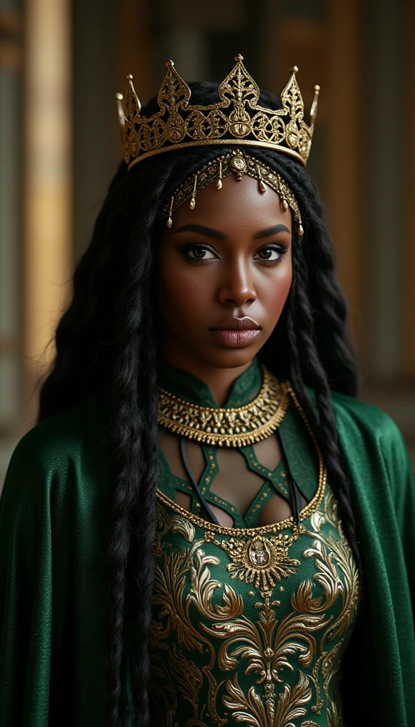 Beautiful ebony woman in the Middle Ages, dressed as a queen, inside a castle, overlooking a forest, --auto --s2