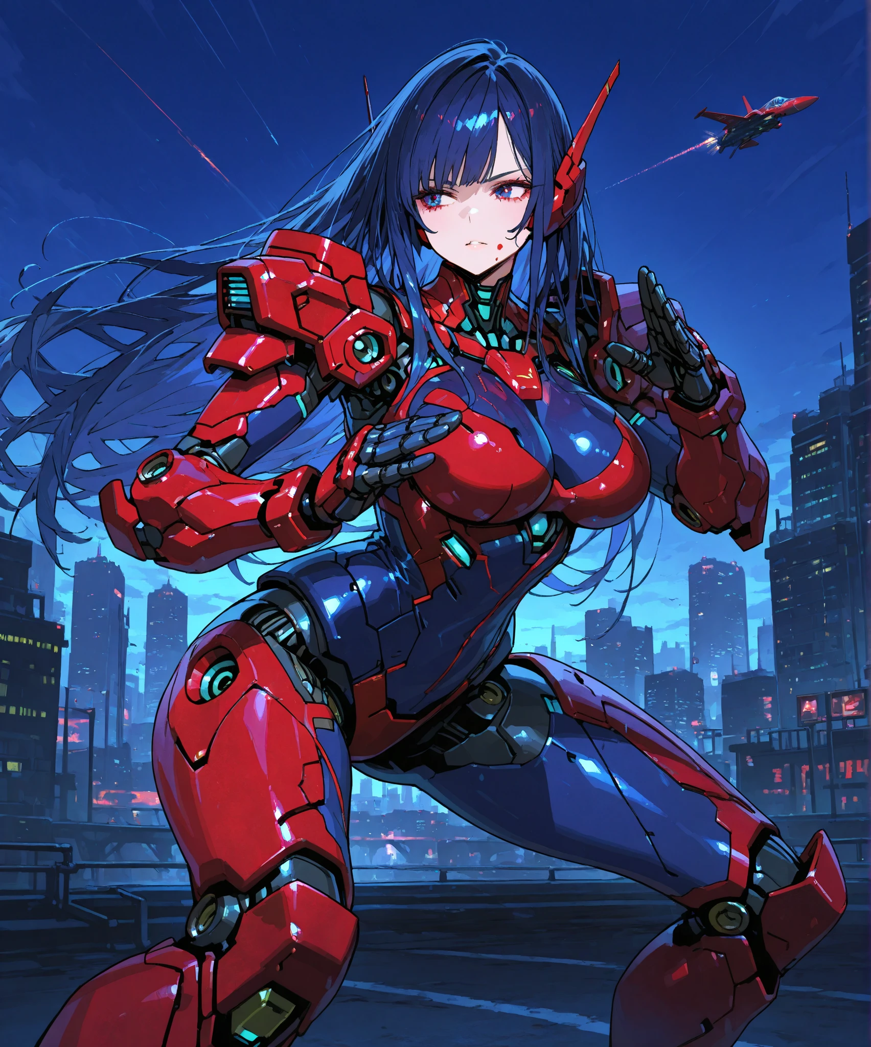 best quality,4k,8k, highres, masterpiece:1.2), extremely detailed eyes, extremely detailed body, (large masterpiece digital art), (detailed manga illustration), (detailed line art), ((perfect anatomy)), (intricate details:1.3), (ultra-detailed:1.3), (illustration:1.3), (sharp focus:1.3), (natural lighting:1.05), (vivid colors:1.3), (masterpiece), (best quality:1.4), (perfect anatomy:1.4), high quality, expressive eyes, full body, tall girl, detailed face, beautiful face, perfect face, breasts, gloves, large breasts, cyberpunk, (black armor), mystic red armor, short hair, ((pale skin)), messy hair, detailed ((dark blue hair)), (honeydew hair), multicolored hair, two-toned hair, detailed eyes, (amber eyes), hourglass physique, mecha musume, fortified suit, mechanical parts, headgear, robot joints, bodysuit, deva battle suit, gloves, thick thighs, toned, emblem, superhero, dynamic lighting, 4k resolution, dynamic pose, weapon, energy weapon portrait, Jeff Bridges, ((cartoon style)), Marvel Cinematic Universe style, (((sci-fi city on the water in the background))), soft bokeh of futuristic city, Atey Ghailan, Jeremy Mann, Greg Manchess, Antonio Moro, trend in ArtStation, trend in CGSociety, Intricate, High Detail, Sharp focus, dramatic and photorealistic painting art by Midjourney and Greg Rutkowski, bokeh in the background