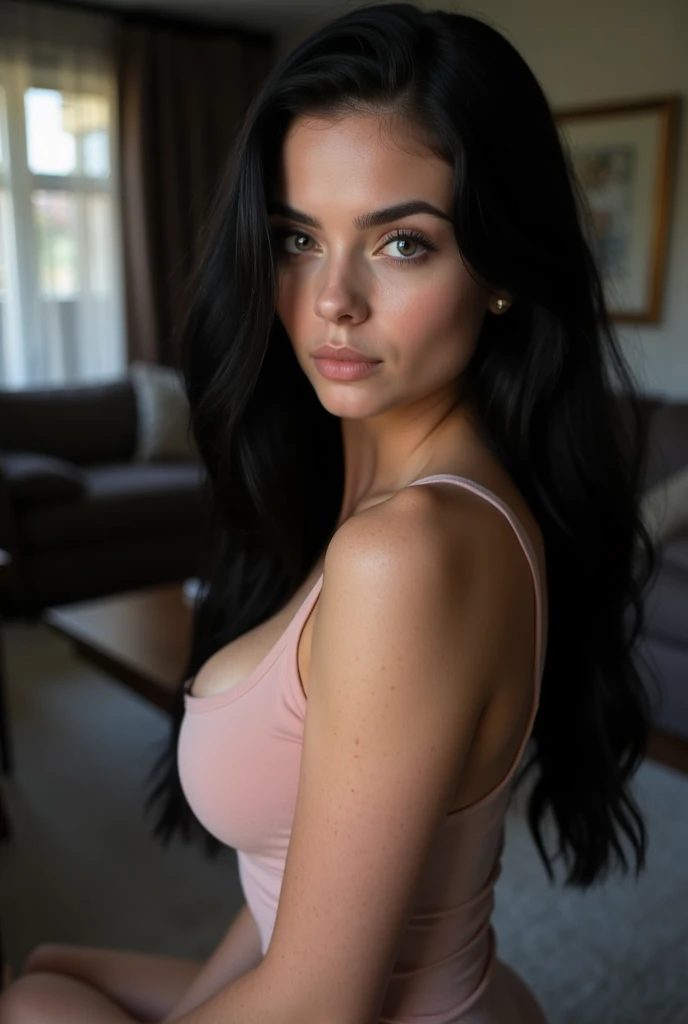 arafed woman with a white tank top and a necklace, sexy girl with green eyes, portrait sophie mudd, long black hair and large eyes, selfie of a young woman, bedroom eyes, violet myers, without makeup, natural makeup, looking directly at the camera, face with artgram, subtle makeup, stunning full body shot, piercing green eyes, beautiful angle, attractive pose, cute girl, sexy pose, full body picture, full body, full body shoot, brunette goddess, high detail, satisfied pose, leather pants, large natural breasts