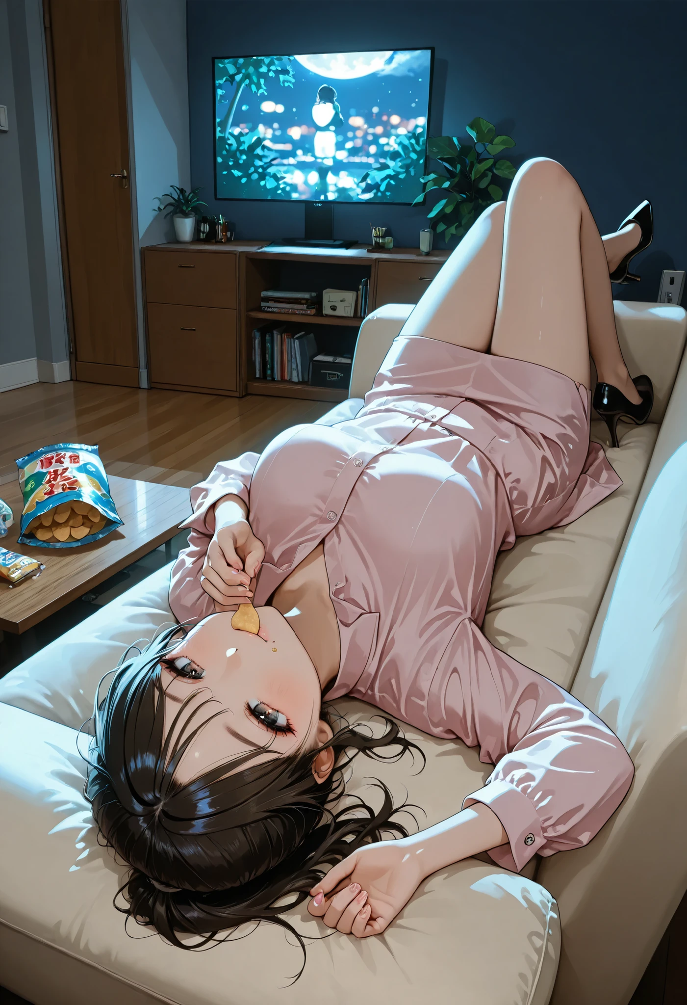 Paporama,hold one hands,ponytail,office lady, pink shirt,high heels,clear makeup, lying living room,eating snack,watching tv,night