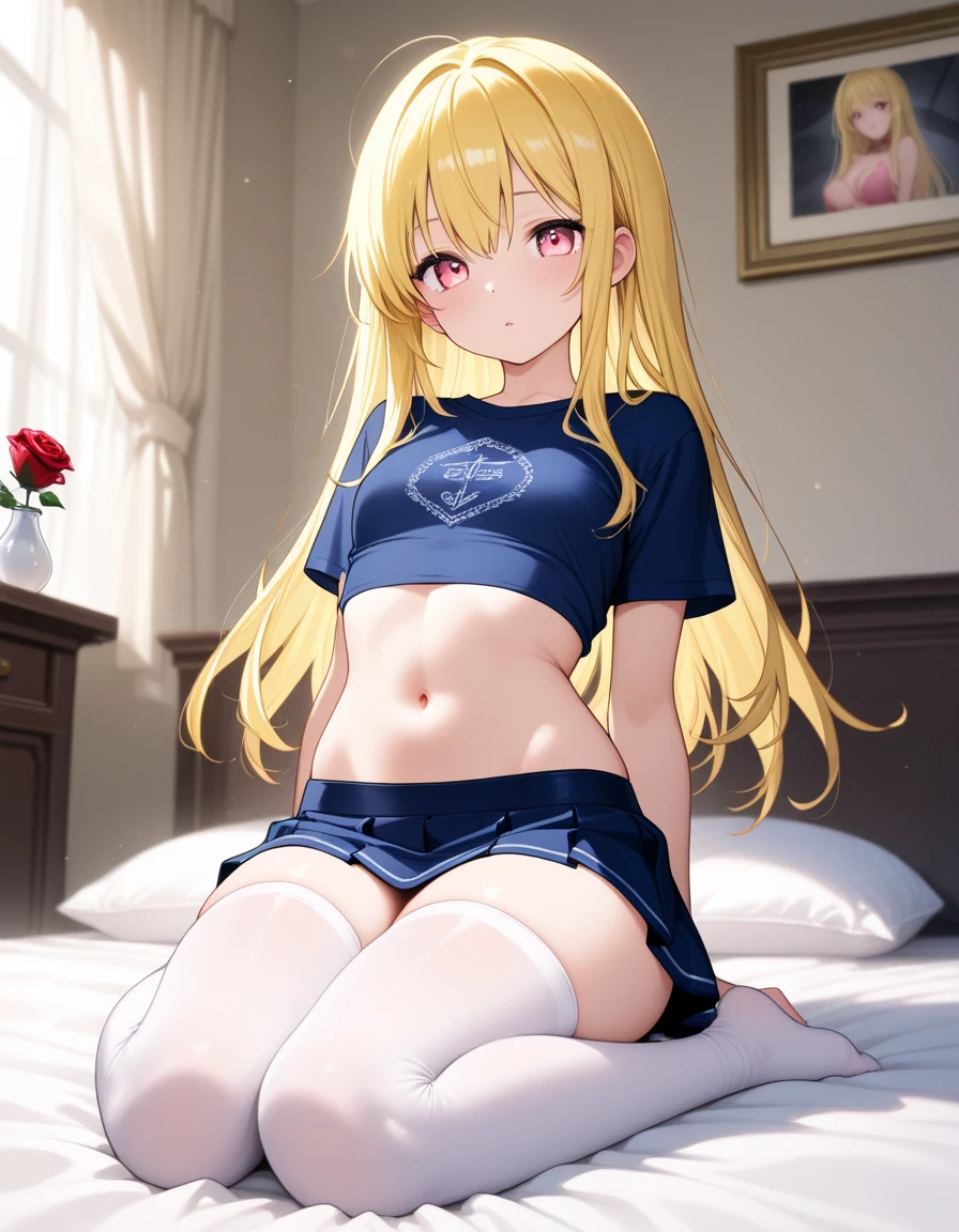 high school girl, At the bed, Half naked, Grey mini skirt, Blonde, Straddling a man's lower abdomen, Inserting the penis into the vaginal opening, Sperm drips from the vaginal opening, Small breasts, Spread your legs