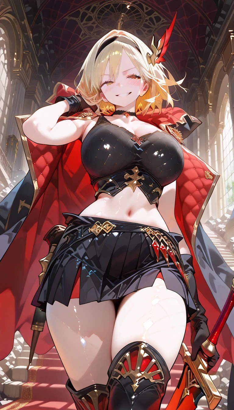 NSFW,{1girl,citrinne \(fire emblem\),fire emblem),fire emblem},short hair,red eyes,aged up, Super detailed, masterpiece, absurd, high resolution, very aesthetic, (anime, masterpiece, complexity: 1.3),(Top Quality, High Texture, (4k), (Incredible Detail: 1.4), Full Body, Shiny Skin, Bangs, Cute Face, (Perfect Eyes), (Detailed Eyes), (Shining Eyes), Beautiful Eyes, Bright Eyes,Small Fangs, Cross Earrings, black Armor, pink Carving, red Cape Fluttering in the Wind, Highly Detailed Clothes, Beautifully Made Outfit, Gauntlets, (Holding a Long Sword ), black Mini Skirt with pink Decoration, Zettai Ryouiki, Big Breasts, Deep Cleavage, Side Boob, Windblown Hair,Fluffy Waist, Thighs, High Legs, Knee High Socks, Armored Boots, High Heels, Dynamic Pose,black panties