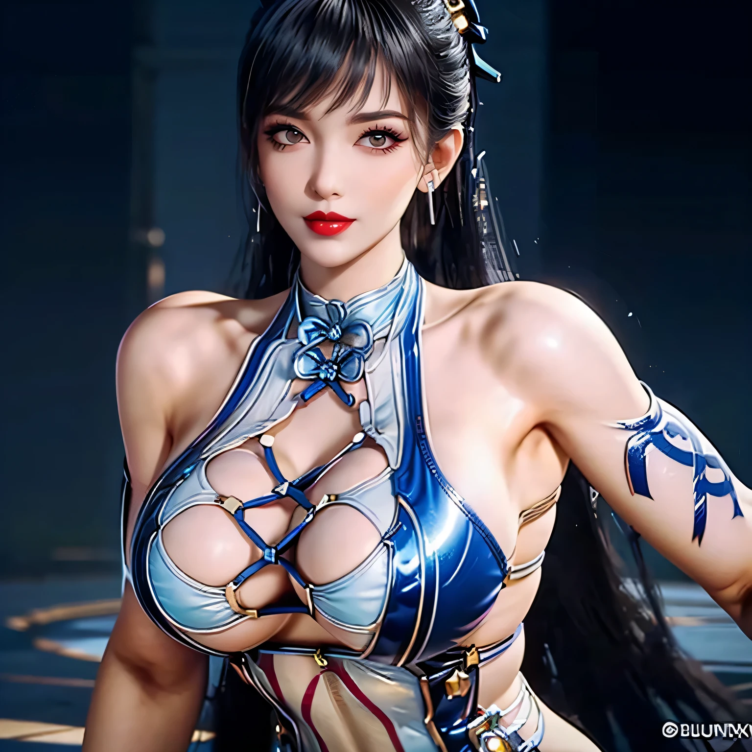 top-quality, The ultra -The high-definition、1girl in、(huge-breasted、big breasts)、Simple background、a smile、glamorous、8k、perfect, shiny skin, posing, beautiful model, armpits, fine art, erotic, cg digital art , street fighter, (chin li:1.3), kawaii face, blue china dress, young woman、爆乳、Chun Li dress