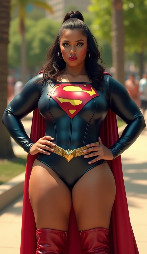Emily is a black African woman, com pele muito escura, de 35 anos com cabelos escuros, geralmente preso em um coque ou rabo de cavalo. His eyes are dark and expressive, transmitindo sua personalidade sensual e sexy. She has an average height, Sobre 1.70m, com seios grandes, muito grandes e quadris enormes, BBW. Emily is a superhero, Usar roupas da supergirl decote sexy. Ela costuma usar pouca maquiagem, preferindo um visual natural. best quality, Realistic photo, photo de corpo inteiro, poses sensuais sexy, foto tirada de baixo para cima.