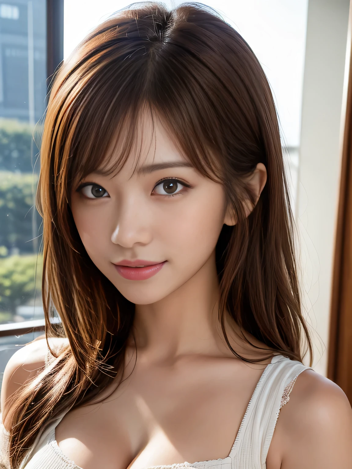 (Photorealsitic)、(Highly detailed)、(Detailed enough to finely identify pores.Healthy skin)、(Use natural light)、Beautiful Hungarian woman in perfect style alone:1.3、tiny chest:1.4、A slender、an lingerie、Slim belly、Sexy lower body:1.4、Sexy thighs:1.2、is standing、A slight smil、dark red-brown hair、Medium Hair、bangss、finely eye、finerly detailed face、Highly detailed facial and skin texture、Highly detailed body and skin texture、A detailed eye、double eyelid, NSFW