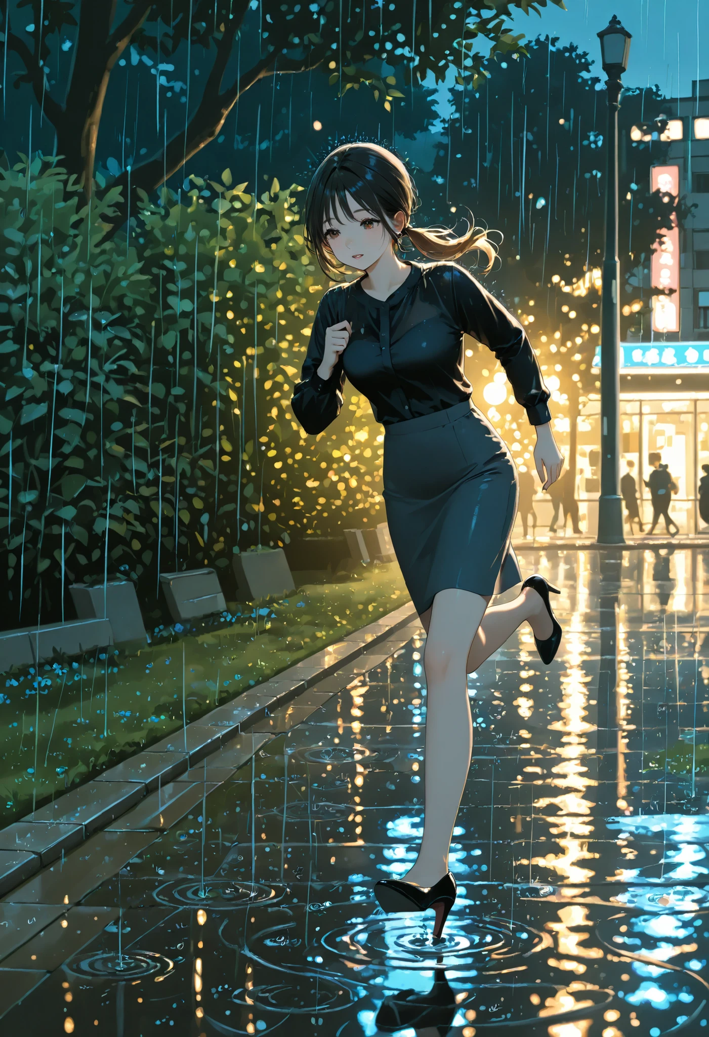 Paporama,ponytail,office lady, black shirt,high heels,clear makeup, ,running,park,rainy,night