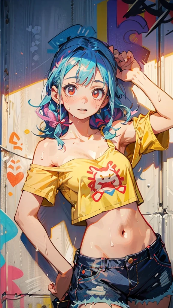 masterpiece,best quality,absurdres,(complimentary colors:1.2),vivid color,saturated,dancing,wind blowing,intricate,highest detailed 1girl,solo,microskirt,beltbra,taut clothes,big breasts,skindentation,BREAK simple background,(paint splash:1.2),colorful,