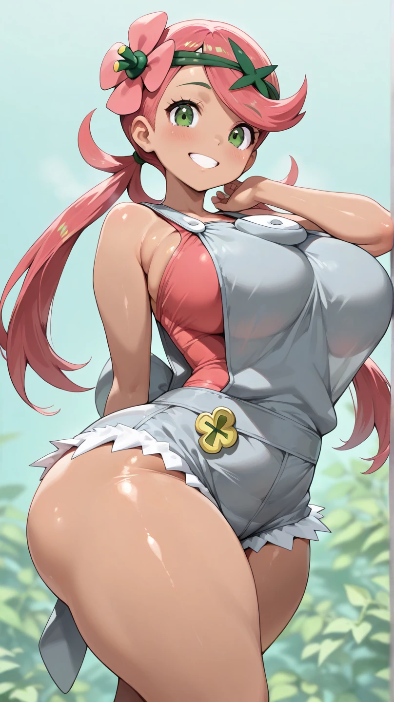 Girl with pink hair, long double-tailed hairstyle, ((small pink bushy eyebrows)), wearing lolita clothing, shorts, marked vagina, lolicon (Zankuro) drawing style by zankuro artist, Zancro style, image uploaded to R34, flirty smile, take a selfie, close-up, ((showing a breast outside the shirt)), (squeezing a breast with her hand) face very close to the camera, moan and drool) happy face cheeky smile