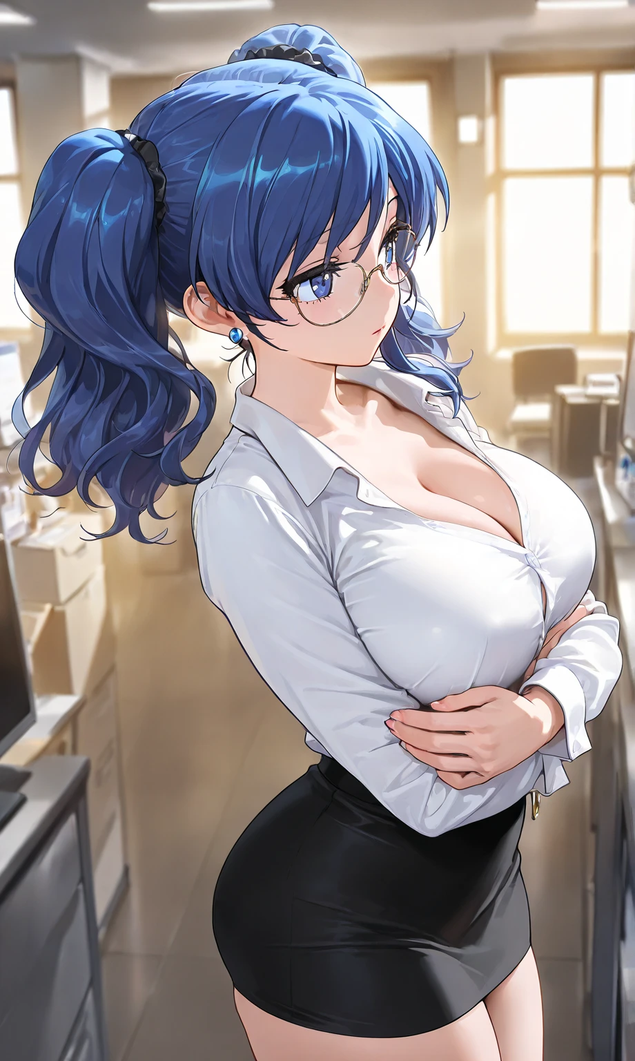 1girl,realistic,short blue hair,wearing glasses,purple hair,gigantic breast, uniform,office suit,skirt,extremely detailed eyes and face,longeyelashes,beautiful detailed lips,masterpiece,upper body,office background