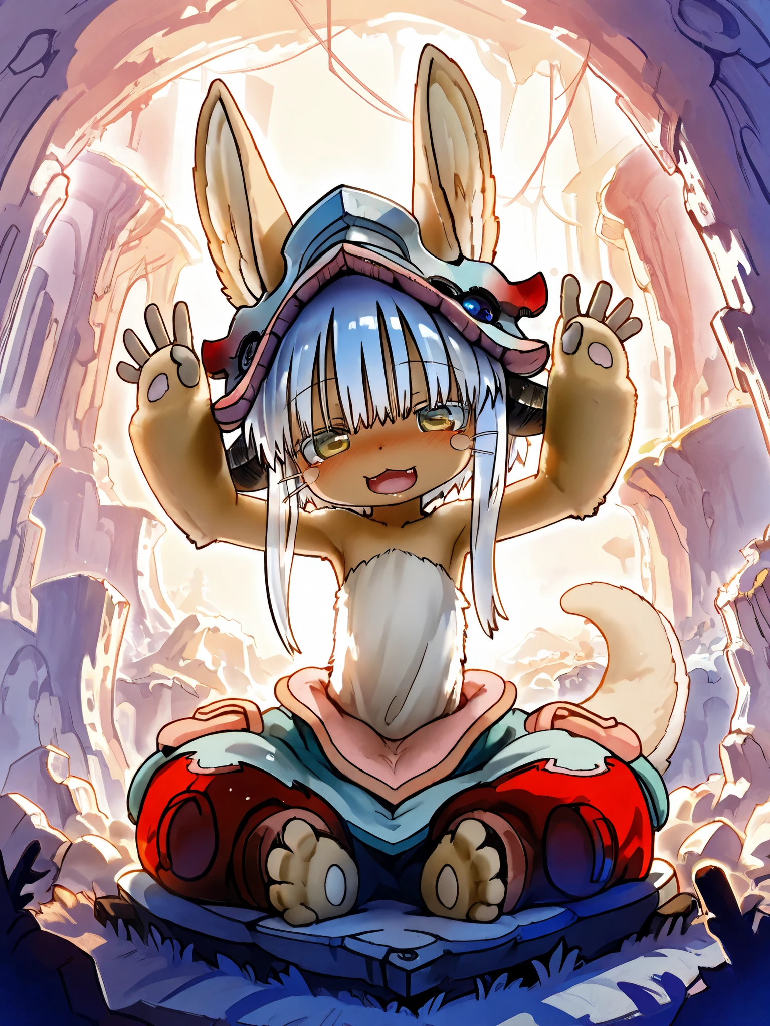 ((Nanachi)), ((by Tsukushi Akihito)), ((Masterpiece)), ((best quality, amazing quality)), ((very aesthetic, absurdres, newest, detailed background)), ((Intense backlighting)), (Dynamic Angle), ((1girl)), cute girl, (Healthy Gaunt body, Textured skin, tilt head), (naughty smile, blush), (open mouth, cute fangs), white hair, medium hair, Big eyes, (detailed eyes, yellow eyes, gradient eyes), (cute cheeks), glossy lips, pouty lips, (lower eyelashes), fluffy bunny ears, BREAK, (loose sitting on the aged block), (stretch out both arms and hands, stretch arms up), outdoor, Collapsed cliff, Vast forests, furry girl, long tail, white hair, nanachi \(made in abyss\), nanachipants, nanachihat, Nanachi, Made in Abyss, furry,