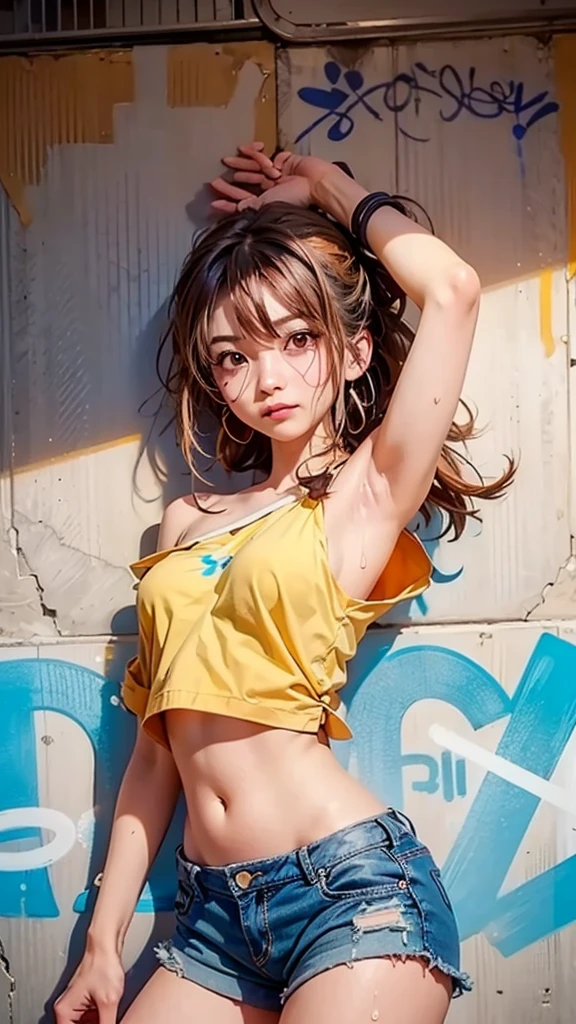 Original Character, Volumetric Lighting, Best Shadows, Shallow Depth of Field, Portrait Of Stunningly Beautiful Girl, Petite, Delicate Beautiful Attractive Face With Alluring Yellow Eyes, Messy Painted Face, Sharp Eyebrows, Broadly Smiling, Open Mouth, Fangs Out, Lovely Medium Breasts, Layered Long Twintail Blond Hair, Blush Eyeshadow, Thick Eyelashes, Applejack Hat, Oversized Pop Jacket, Mini Underboob Tee, Open Navel, Slim Waist, Denim Jeans Pants, With Buckle Belt, In The Graffiti Alley, Waste Container, Outside Stairs, Outdoor Unit, Holding Spray Paint Can, Standing, (Highest Quality, Amazing Details:1.25), (Solo:1.3), Brilliant Colorful Paintings
