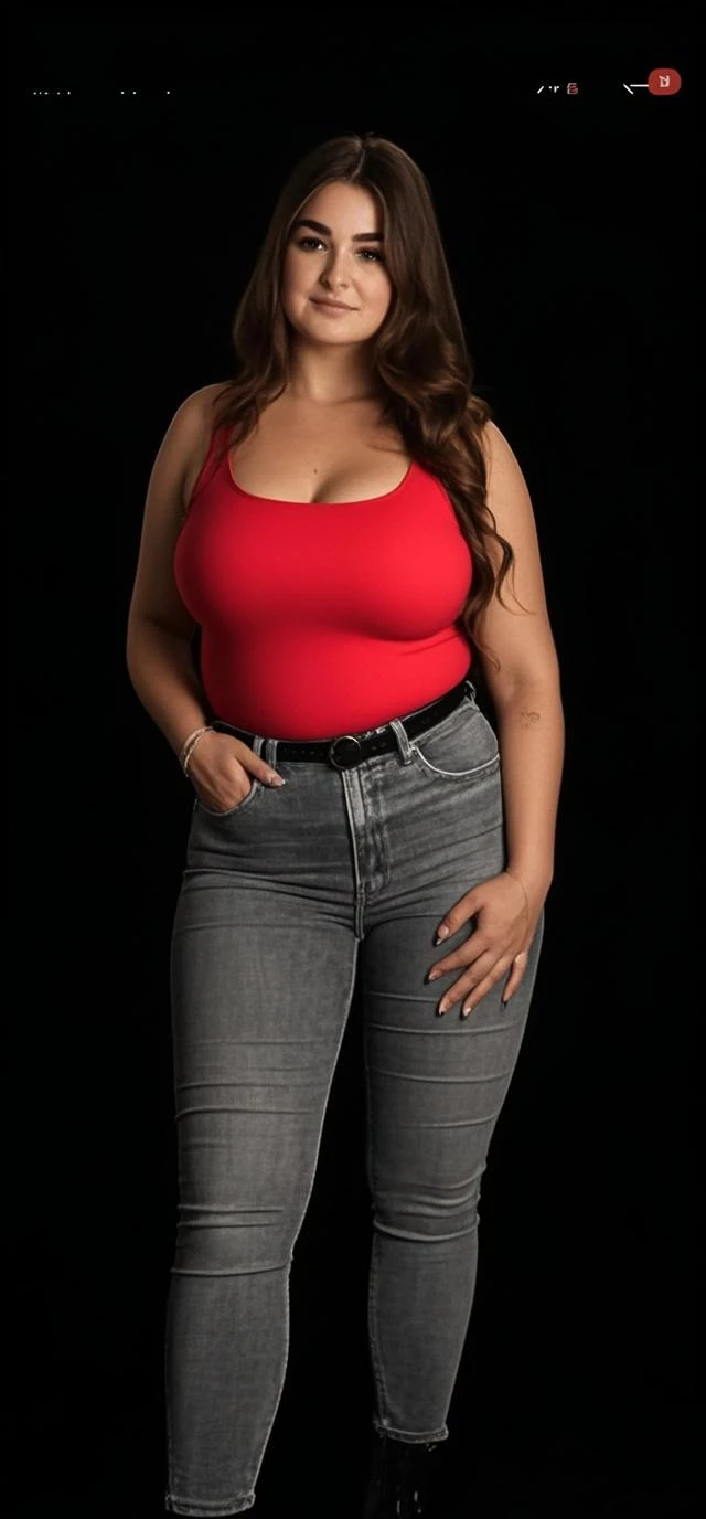 Beautiful foster Indian mom with fair skin in her 27 with red top and blue jeans, curvy body,big breast size, thick thighs but slim and curvy body standing in a castle