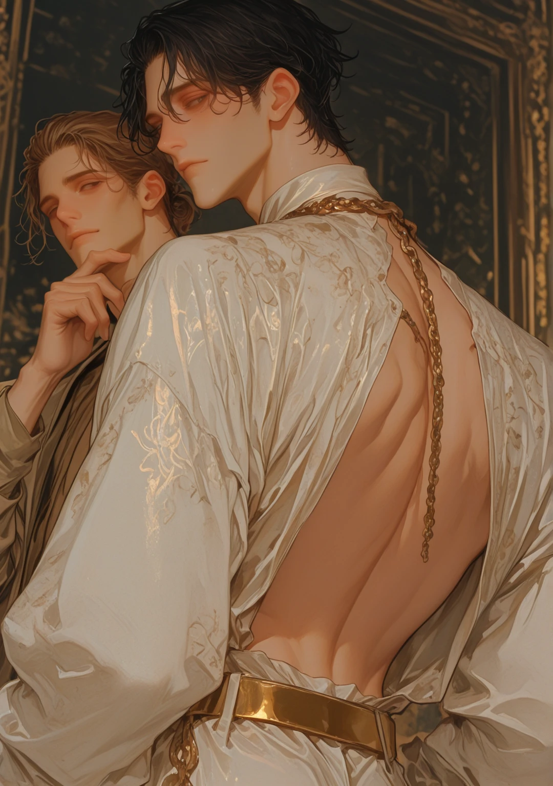best quality, master piece, full body shot, highly detailed painting by alphonse mucha, ((((Two young men, 19 years old)))), athletic, attractive expression, earrings, fantasy,  dramatic pose, whole body,  concept art, Masterpiece, Oil paints, aesthetically pleasing, beautiful, high art, painting in the style of Alfonso Mucha, Art Nouveau, (((ancient Greek myths)), ((Two young men, 19 years old In short transparent white tunics)) athletic, athletically built, thin waist, prominent muscles, large, Volumetric elastic buttocks