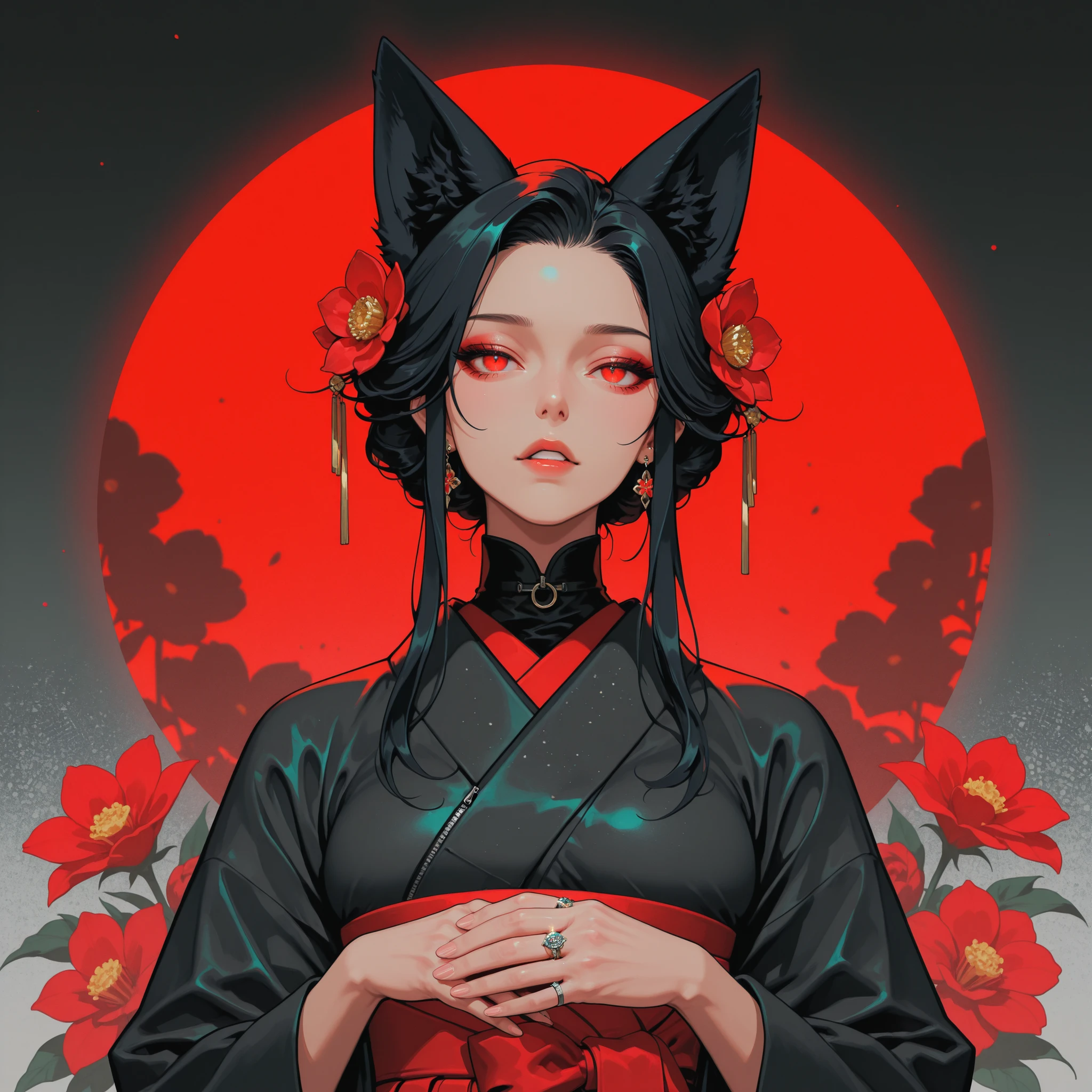 masterpiece, Newest,very high resolution, incredibly very high resolution,4ki4k4ne_illustrations, halftone, overview background, overview,depth of field, solo, jewelry, dark hair with shades of grey, Red Eyes, ring, Upstyled Hair, Flower, hair ornament,Silver fox ears, Showa modern kimono,Hakama,earrings, zipper, 1girl,upper body, Bang, parted lip, red Flower, raise hands