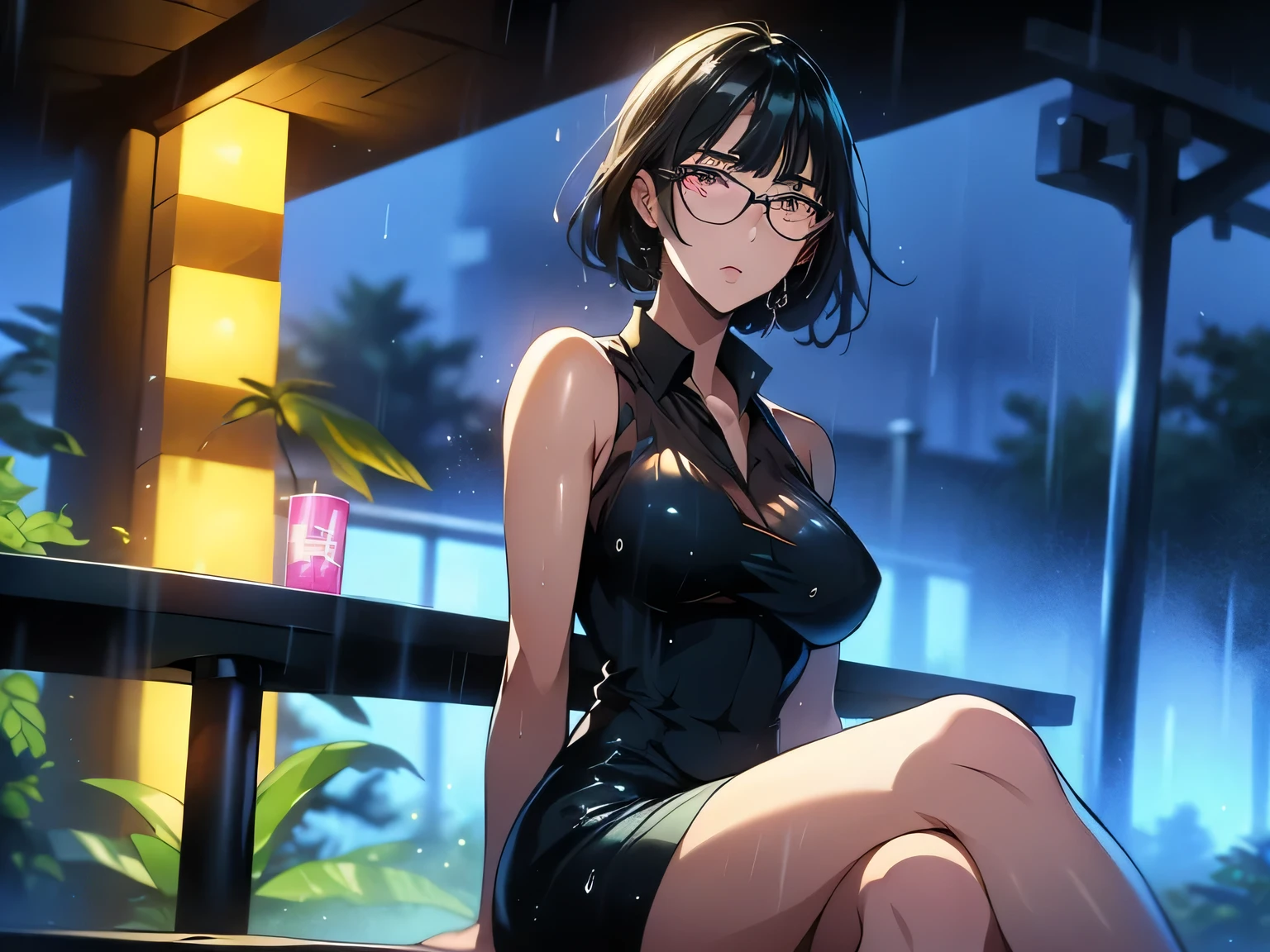 nsfw、animation、Highest image quality、high resolution、highest masterpiece、one woman、(((Sitting with her upper body raised)))、silver hair、long hair、ponytails、(((wearing glasses)))、(((pink eyes)))、small breasts、(((slim figure)))、dark blue short dress、(((see-through dress)))、(((tight miniskirt)))、sleeveless、angry amidst enemies、I'm biting my lip、(((heavy rain)))、wind、hair is wet、dark park bench、City Night、My face is wet、late at night in the park