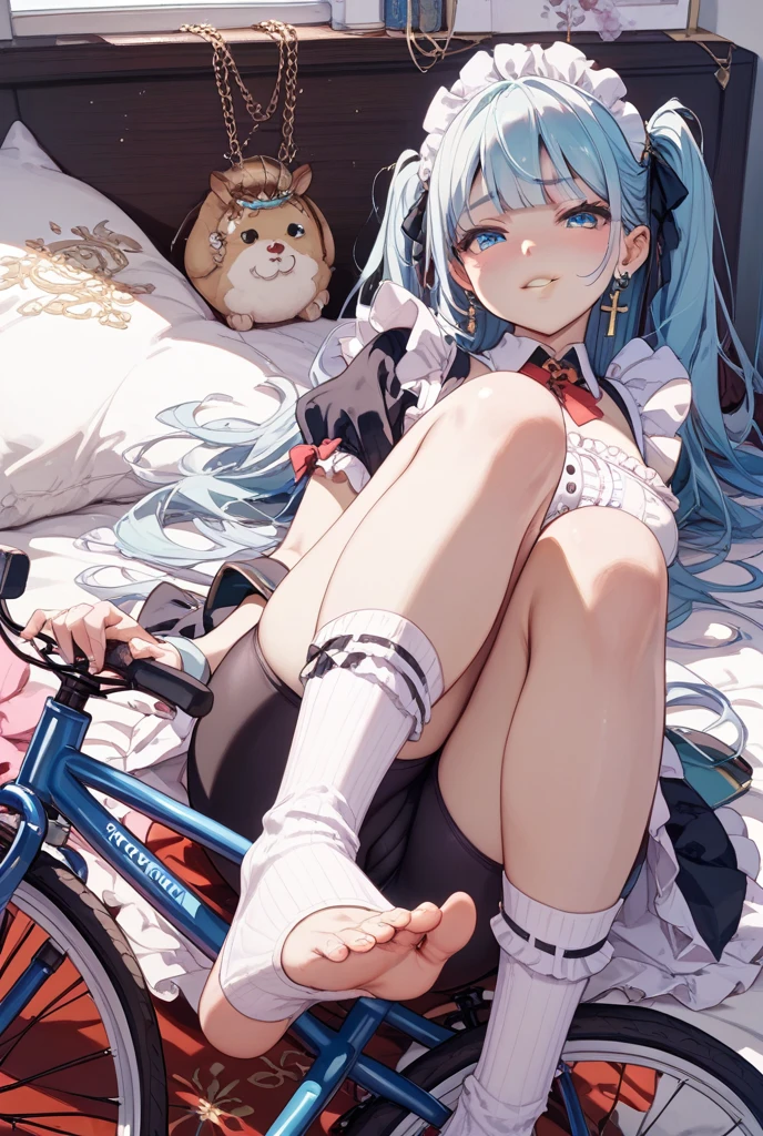 (8k, best quality, masterpiece: 1, 2), top quality, masterpiece, underwear without panties, glasses, green hair, long hair, bangs, big ponytail, heterochromic pupil, blue pupil of left eye, red pupil of right eye, blue eye of left eye, red eye of right eye, angel wings, head ring, white head flower, casual wear, black backpack strap, neck strap, bare foot, bare foot, single, ankle ring, leg ring, flat chest, tomboy, exposed, edge rubbing, leaking flesh, pouting ass,