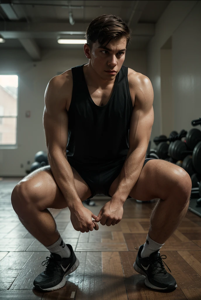 Rhino in an oversized white t-shirt doing a bench press with a 20kg weight plate and