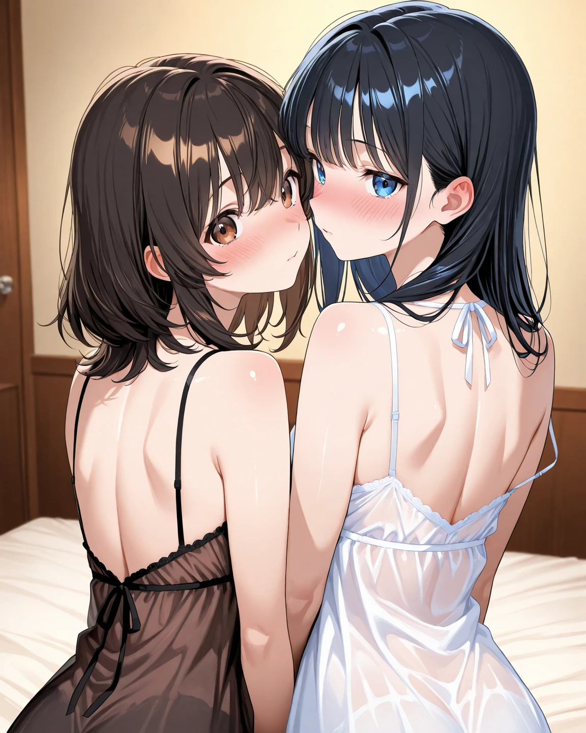 Hands Behind Back,Tied with hands behind back,lick,open mouth,tongue out,cum on tongue,front face,from front,front view,looking at viewer, looking ahead,from above,cowboy shot,2girl,twins,Beautiful 11 year old girl,Japanese,Slender,,low length,Small breasts,Thin legs,Small Ass,Baby Face,Small face,Black Hair,one side up,Gray Eyes,Drooping eyes,Round eyes,middle School girls,Sheer black and light green negligee,lingerie,Collar with leash,Kneeling,Straight Stand,Beautiful and detailed anime art,I'm in love,Desire expression,crave,Sexy vibe,Dimly lit room,On the bed,Simple Background,Gray background,Low lighting,
