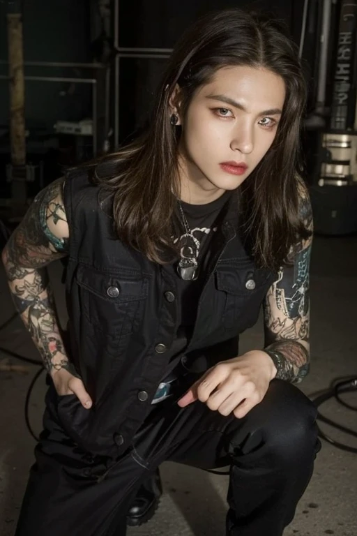 Hwang Hyunjin of the Straykids Group shirtless, black semi long hair, without any facial hair and with a lip piercing, a tattoo on the neck that says "The best" and with a leather jacket, cargo pants and no shirt.