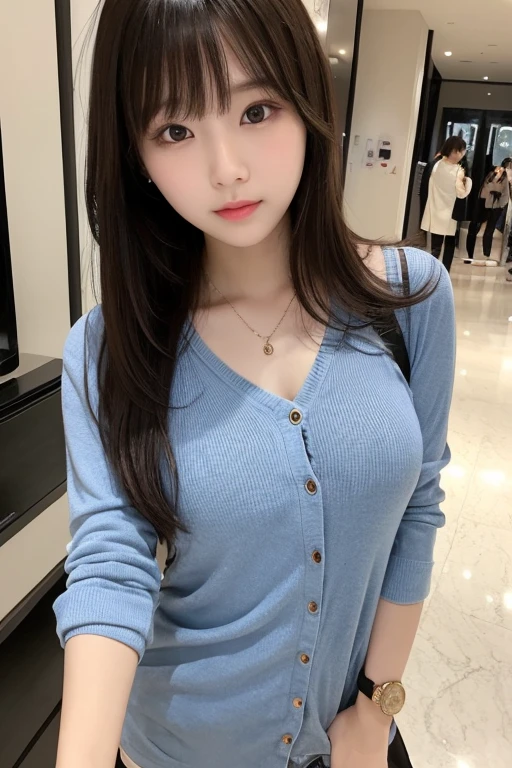 masterpiece, best quality, illustration, ultra-detailed, finely detailed, high resolution, 8K wallpaper, perfect dynamic composition, beautiful detailed eyes, summer blouse setup clothes, medium hair, small breasts, natural color lips, bold sexy poses, smile, Harajuku, 18 years old girl, cute, sexy shot, looking at camera