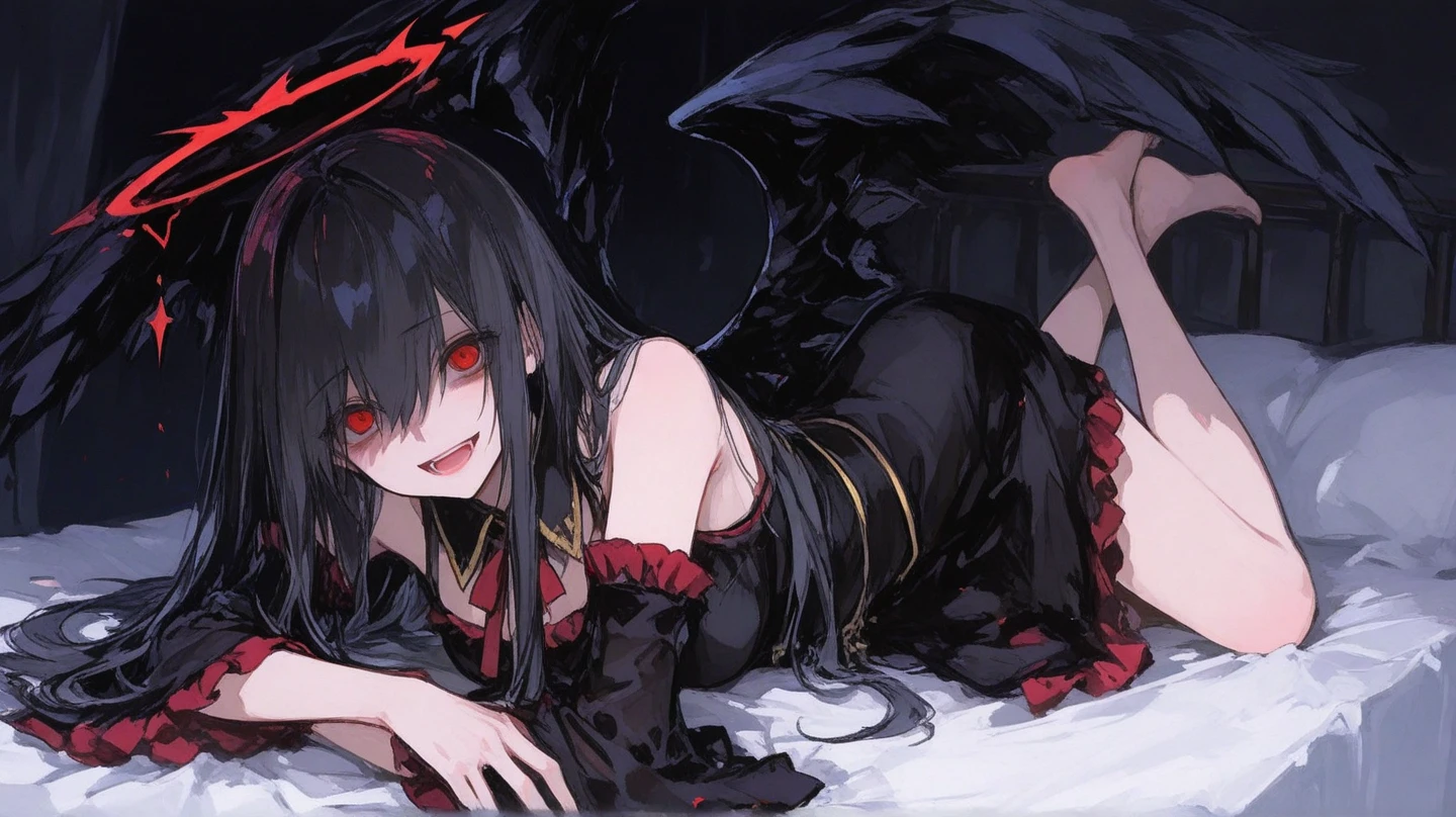 Abyss: Large black wings growing. Red flames on his left hand. Blue flames on his right hand. Countless swords wrapped around his body. Sharp gaze. Red light flashes across his eyes.