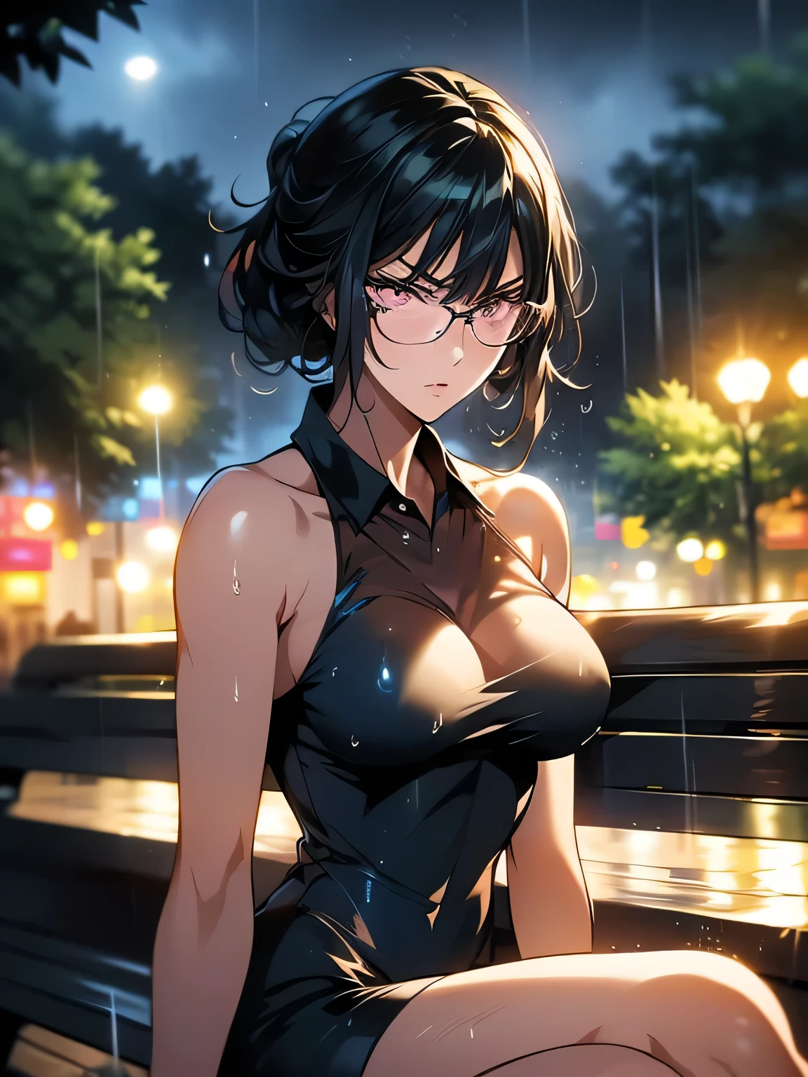 nsfw、animation、Highest image quality、high resolution、highest masterpiece、one woman、(((Sitting with her upper body raised)))、silver hair、long hair、ponytails、(((wearing glasses)))、(((pink eyes)))、small breasts、(((slim figure)))、dark blue short dress、(((see-through dress)))、(((tight miniskirt)))、sleeveless、angry amidst enemies、I'm biting my lip、(((heavy rain)))、wind、hair is wet、dark park bench、City Night、My face is wet、late at night in the park