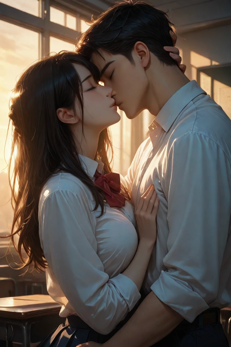 Amazing portait of a hot next door neighbour with her hair tied in a messy bun wearing an off shoulder checked olive green shirt that is unbuttoned and oversized kissing and making out passionately with her male neighbour on her bed in an intimate setting