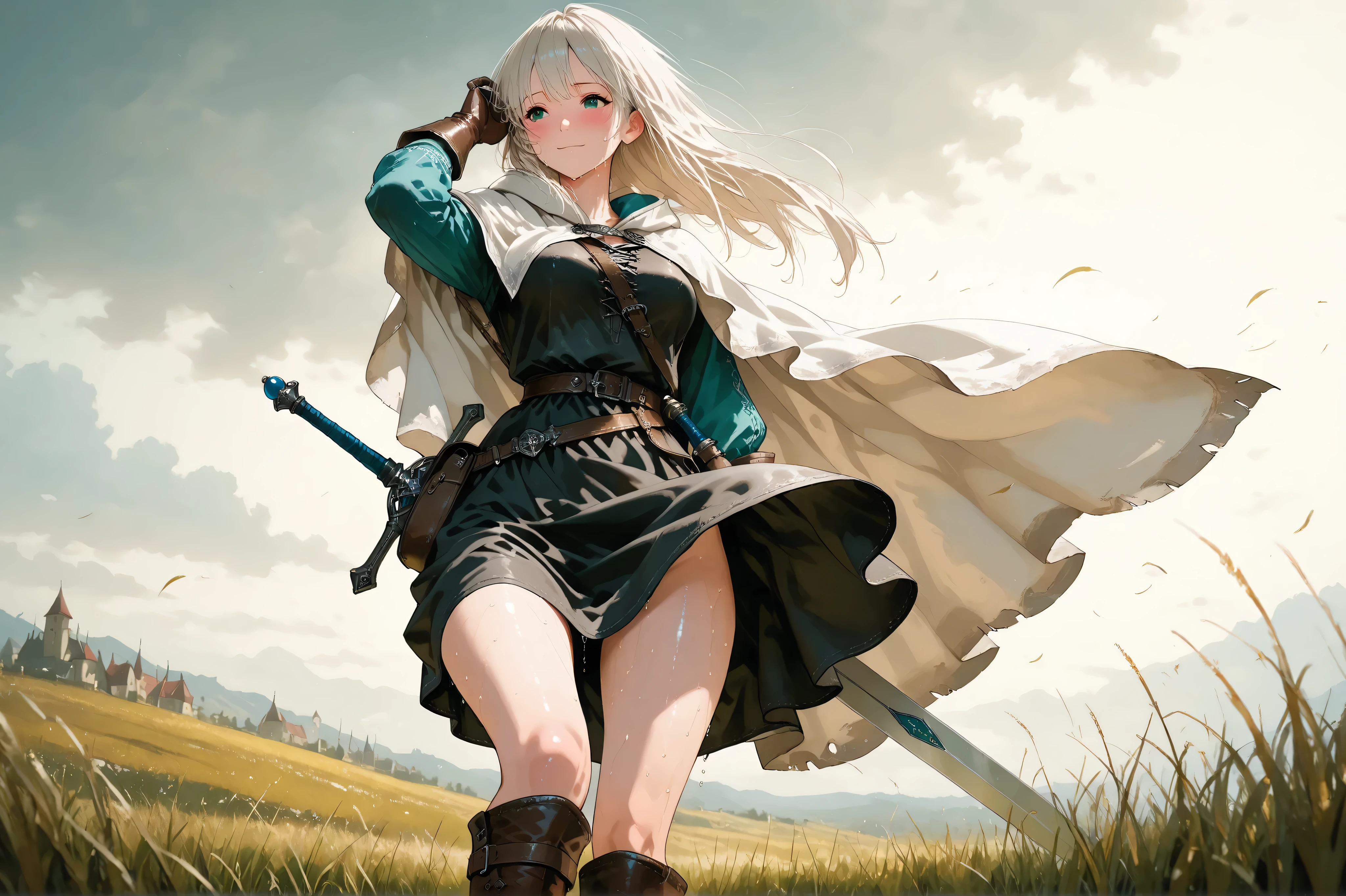 masterpiece, 8k, fantasy world, female character, 1girl, high detailed black cotton tunic, (wind blows skirt up:1.5), leather gloves, leather boots, slender body, medium breasts, white long cloak with hoodie, long hairstyle, thin blond hair, many items, cinematic lighting, dramatic atmosphere, intricate details, vivid colors, fantasy landscape, medieval grass field, digital art, equip a long sword on back, hip bag, standing, knee up, pigeon toed, light smile, blush, looking at distance, sweaty, midday, cowboy shot, from below, put hand on hair,