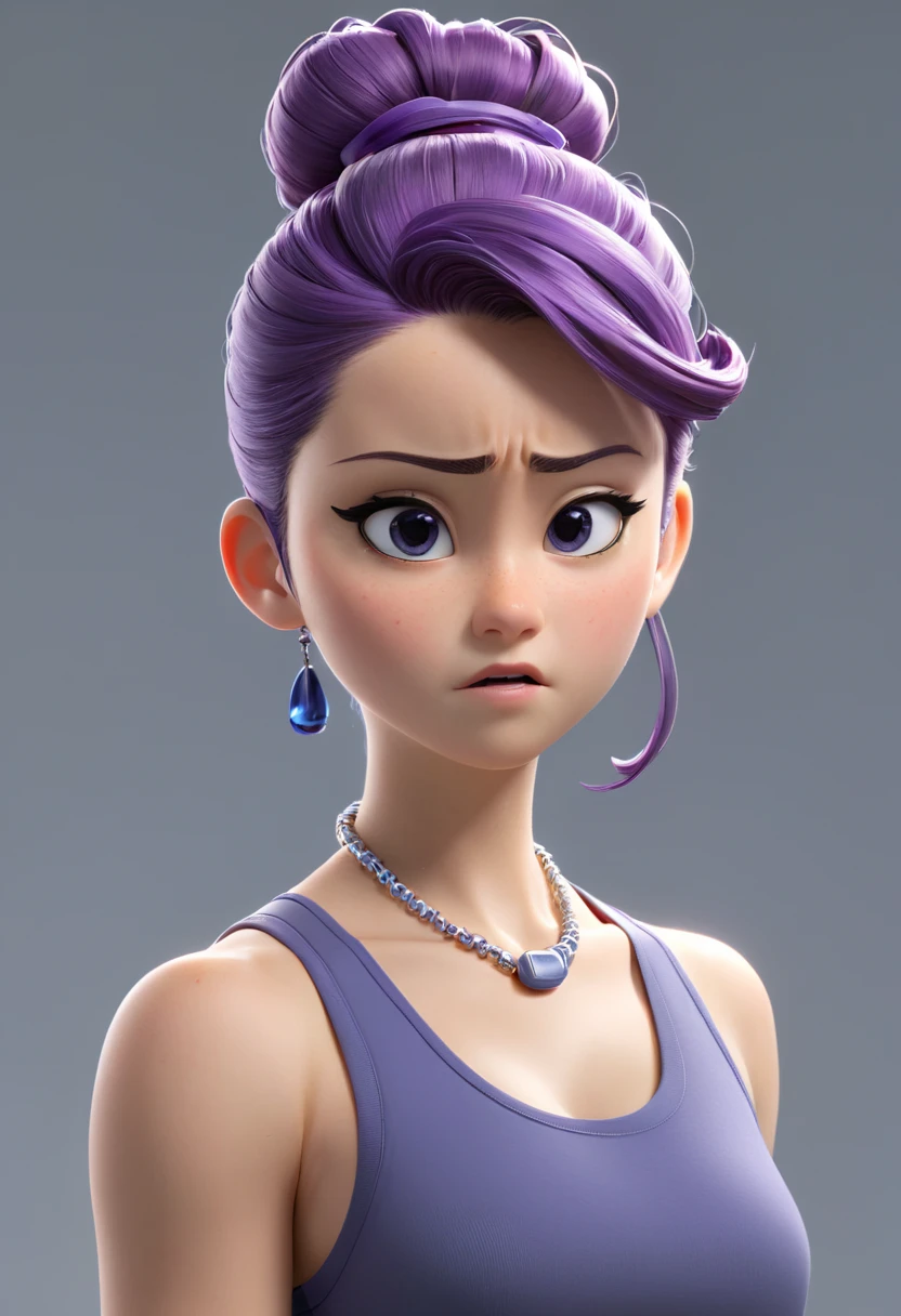 Une Japonaise de 16 ans, cheveux violet chignon en hauteur, collier bleu, dark gray tank top, terrified, Tied up, les main sur ses seins, style 3d pixar, (best quality, 4k, 8k, High resolution, chef-d'artwork:1.2), Ultra-detailed, (Realistic, photoRealistic, photo-Realistic:1.37), portraits, Des couleurs vives, huge , big breast