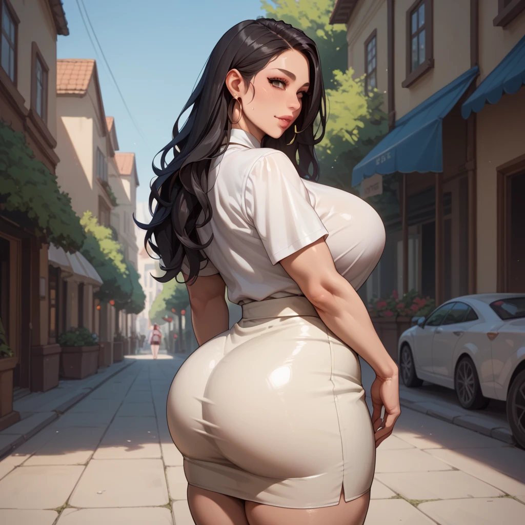1girl, solo, breasts, dark_skin, dark-skinned_female, straight_hair, black_hair, shiny, shiny_hair, lips, parted_lips, brown_eyes, huge_breasts, huge butt, eyelashes, big_lips, lipstick, very_long_hair, mole, mole on chest, very dark-skinned female, chubby female, chubby girl, highly detailed, clear focus,casual clothes, jacket, park, sneakers, fantasy, full body, hood, blue pants